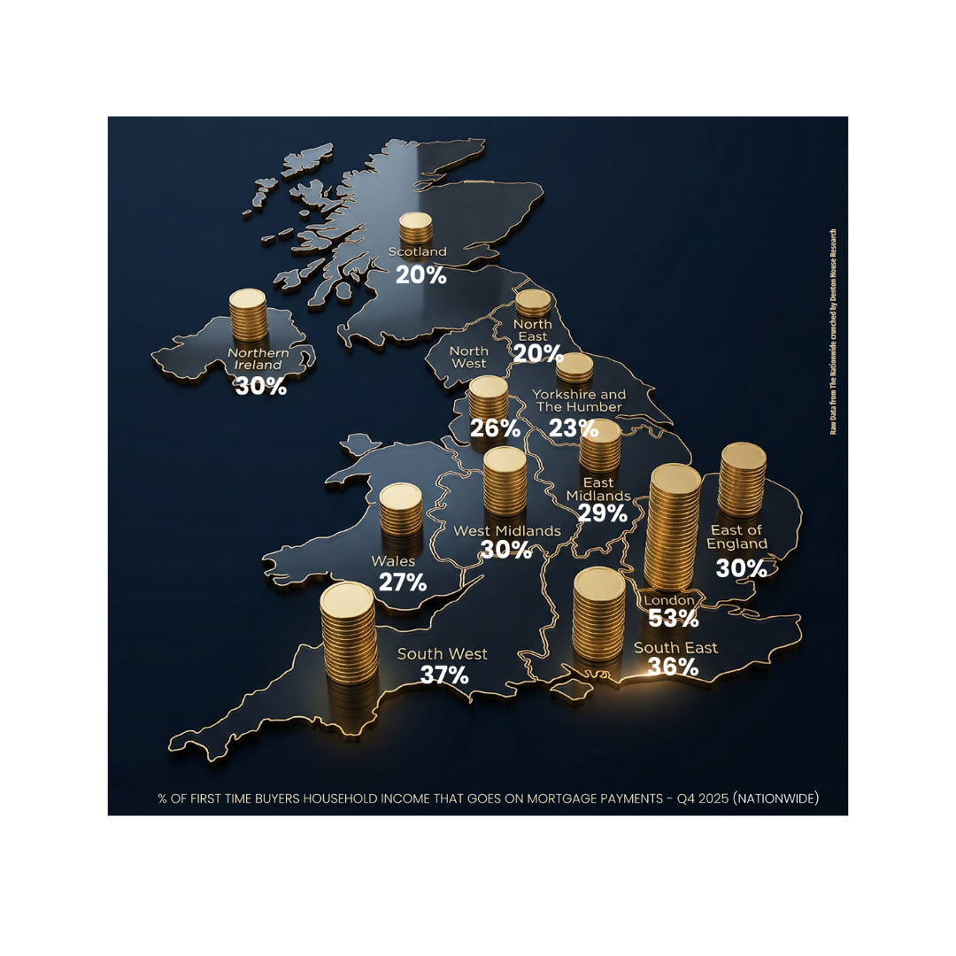 First-Time Buyer Mortgage Costs UK: Income % Breakdown by Region