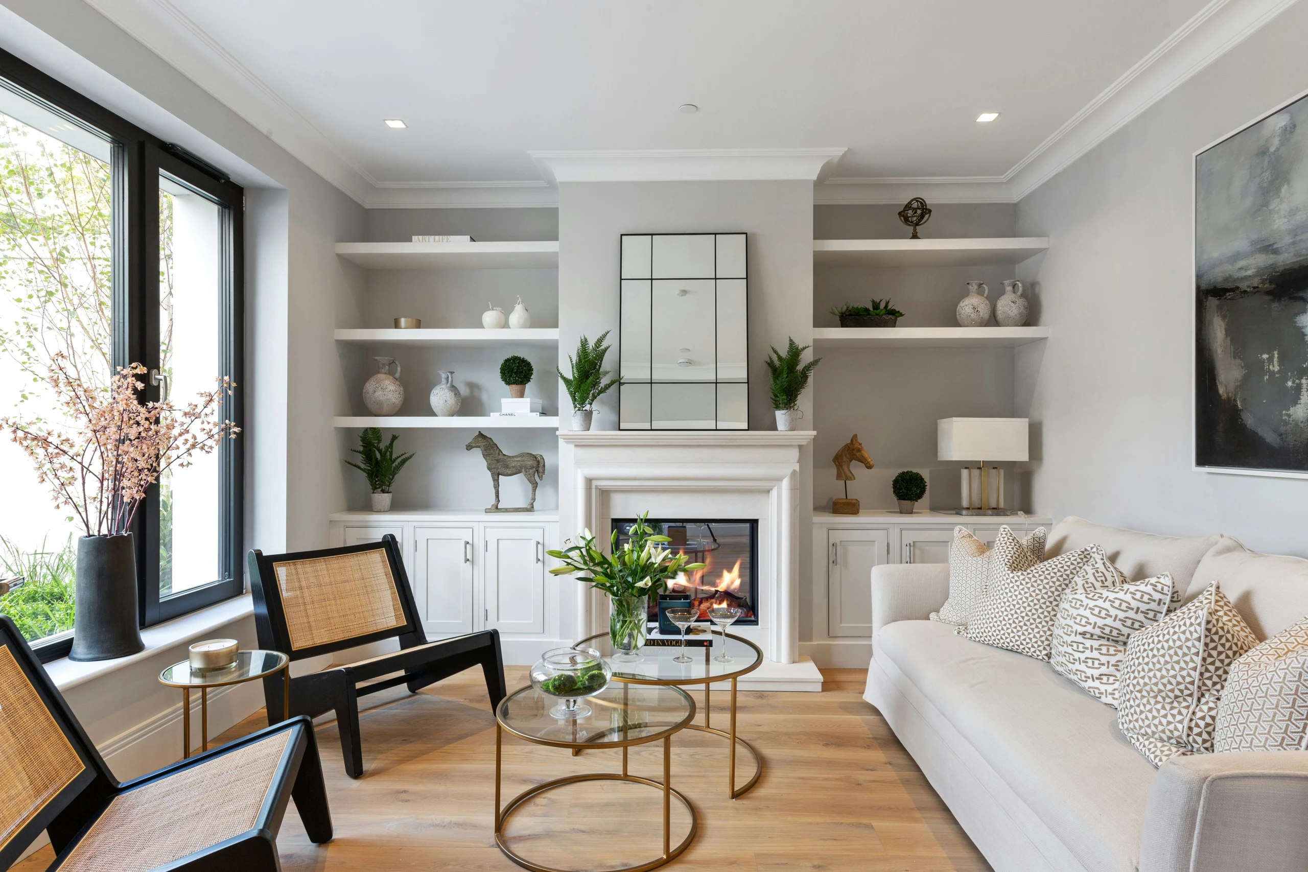 Warm living room with fireplace and comfortable furniture