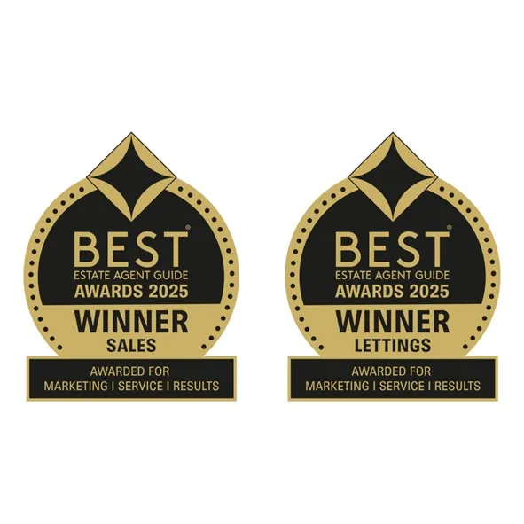 Two gold and black award badges: "Best Estate Agent Guide Awards 2025 Winner Sales" and "Best Estate Agent Guide Awards 2025 Winner Lettings", both awarded for marketing, service and results