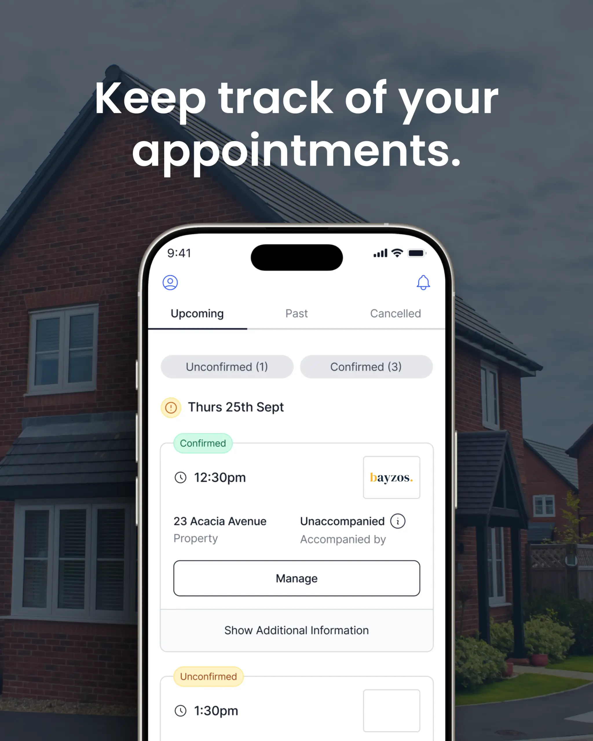 A background image of a house with the words "keep track of your appointments" over the top. There is also an image of a mobile phone showing an appointment on the bayzos estate agent app