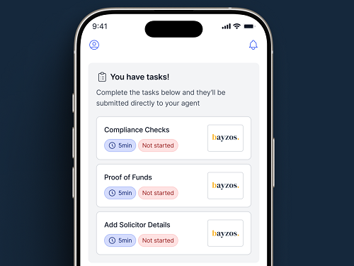 A phone screen shows a checklist of tasks to complete on the bayzos estate agents buyer app