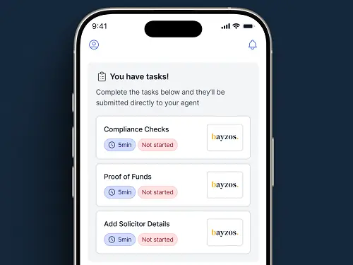 A phone screen shows a checklist of tasks to complete on the bayzos estate agents buyer app