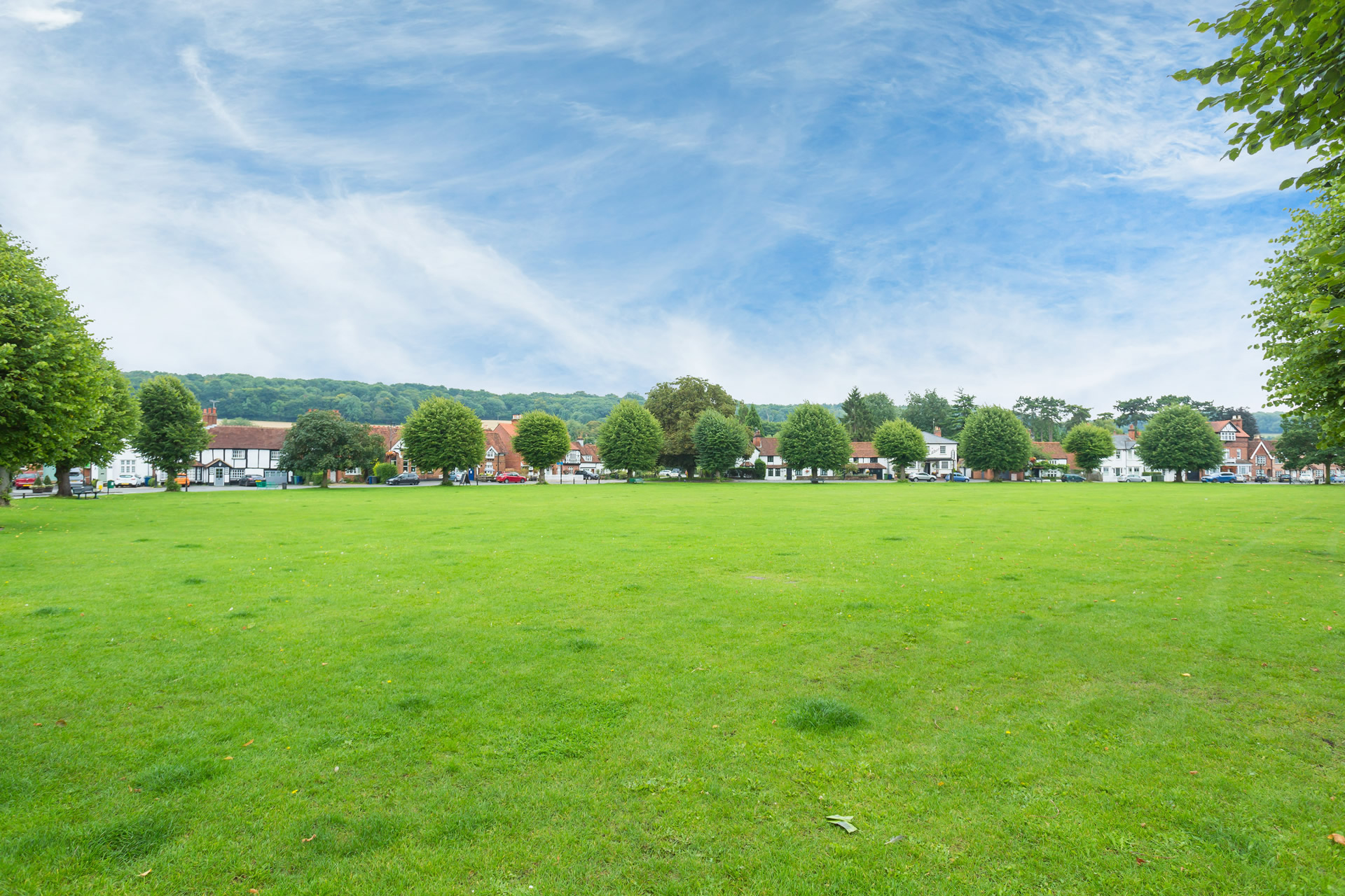 Village green with period cottages and open fields