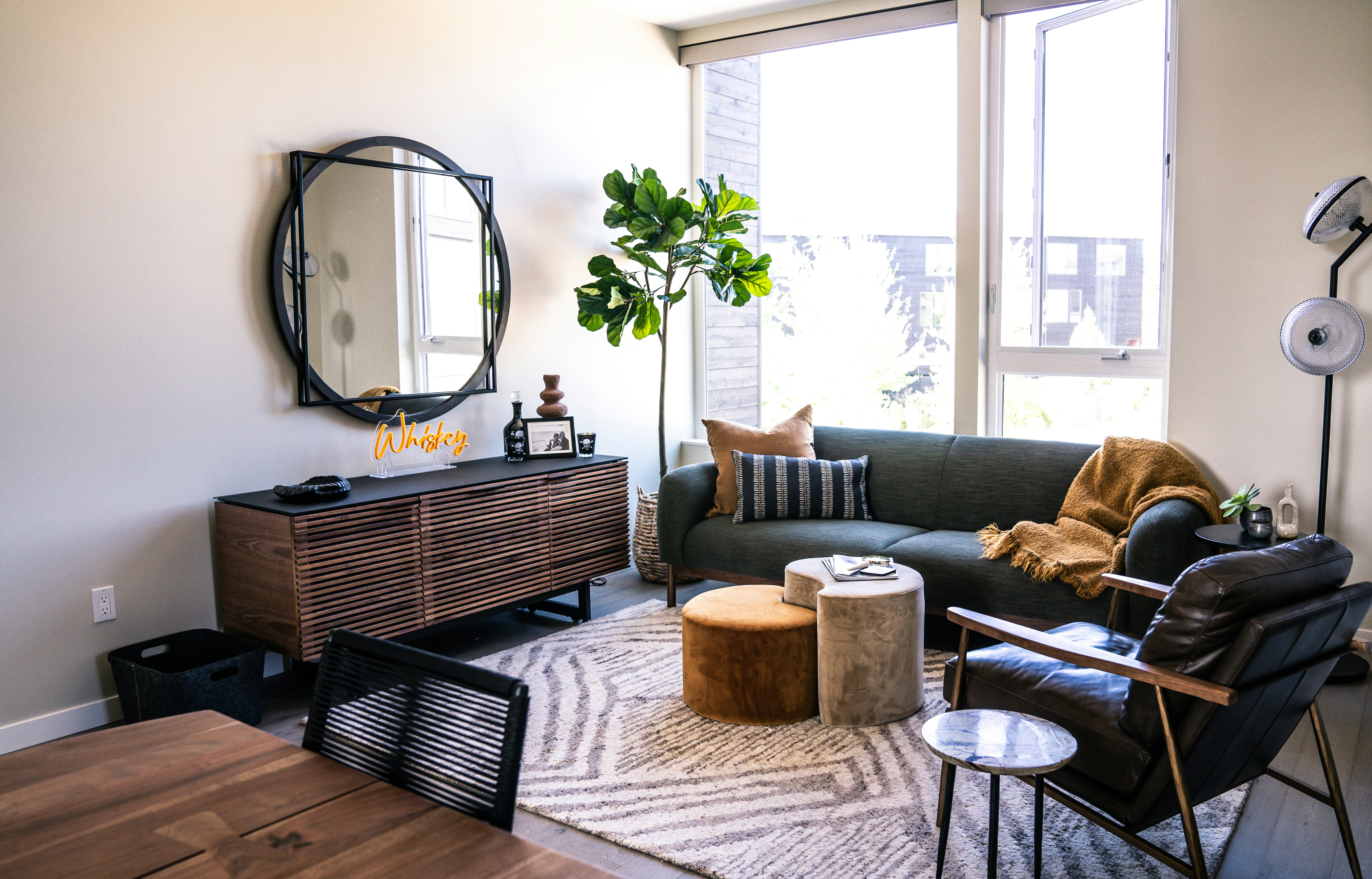 Modern living room with couch and table