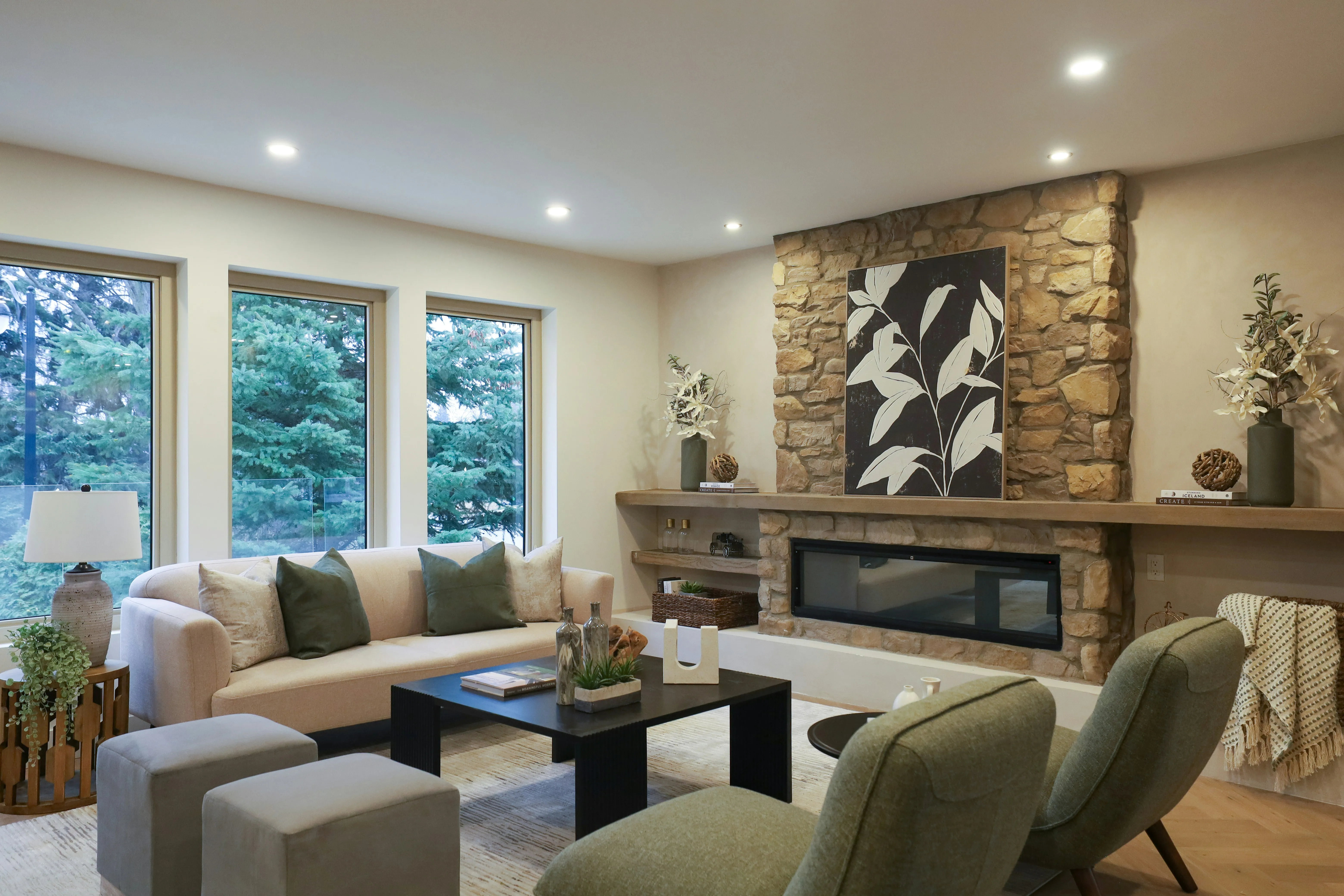 Cozy living room with stone fireplace