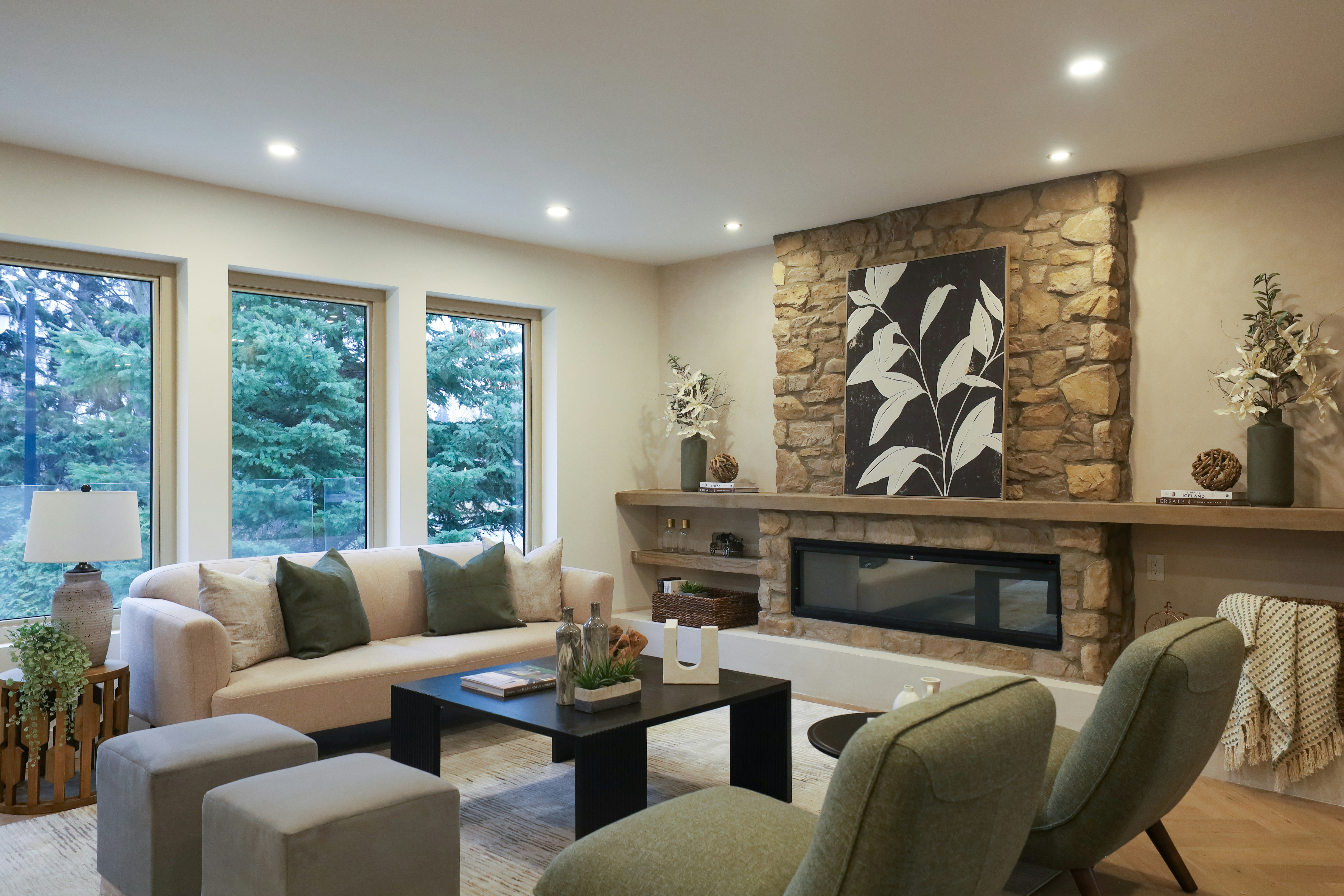 Cozy living room with stone fireplace