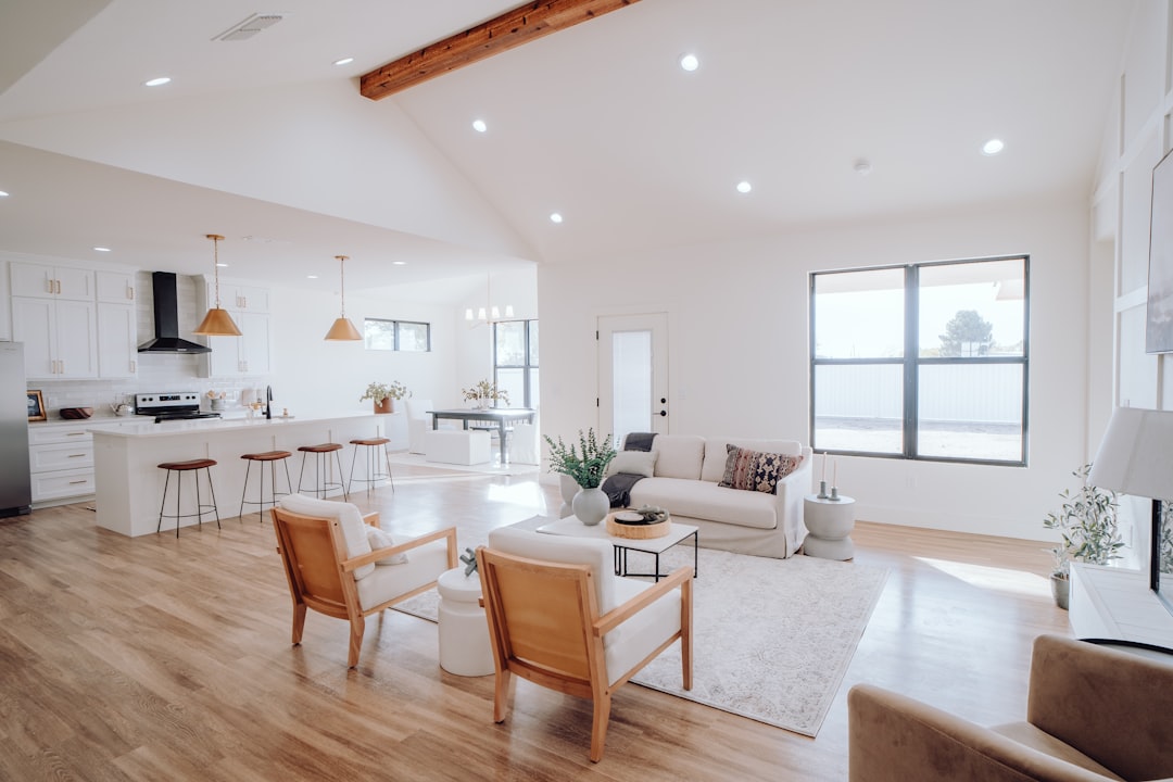 Modern home interior with living room and kitchen