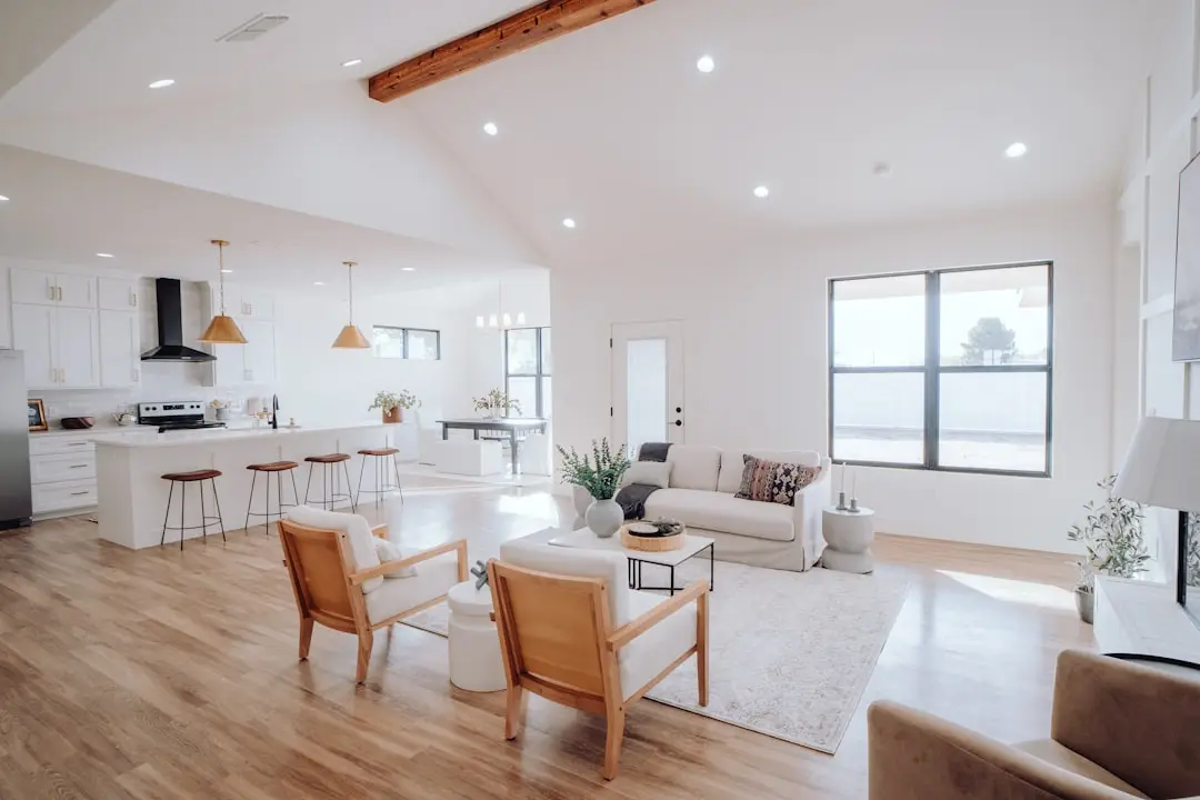 Modern home interior with living room and kitchen
