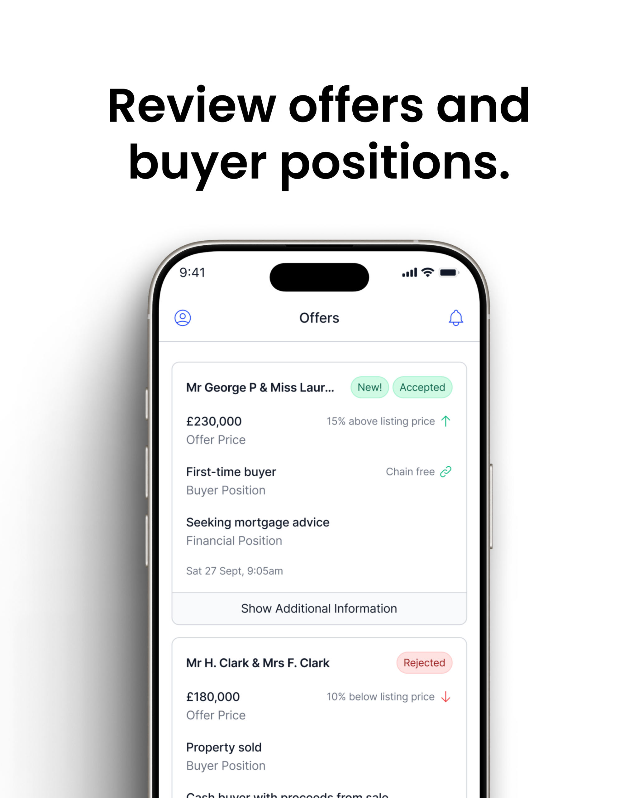 A mobile phone screen showing the Bayzos estate agent buyer and seller app