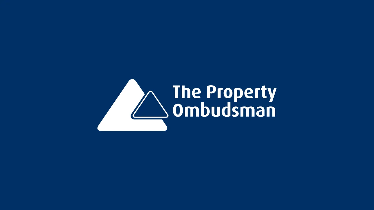 The Property Ombudsman logo: white triangular shapes with text on dark blue background