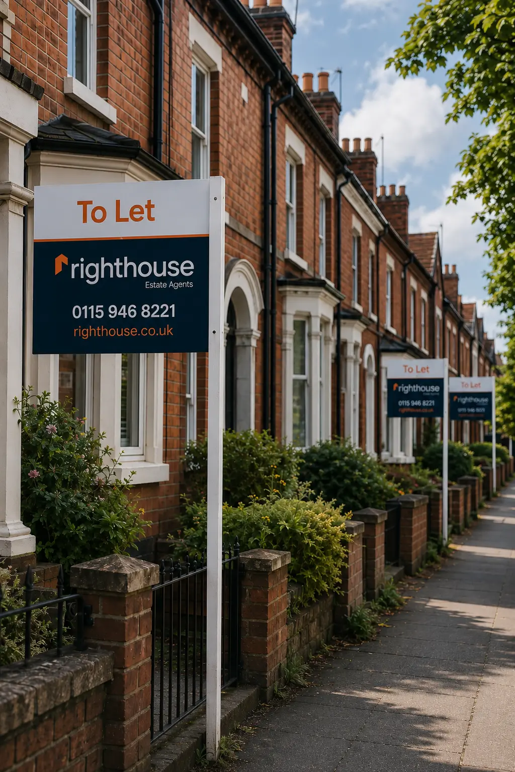 Row of red brick terraced houses with "To Let" signs for Righthouse Estate Agents, phone 0115 946 8221