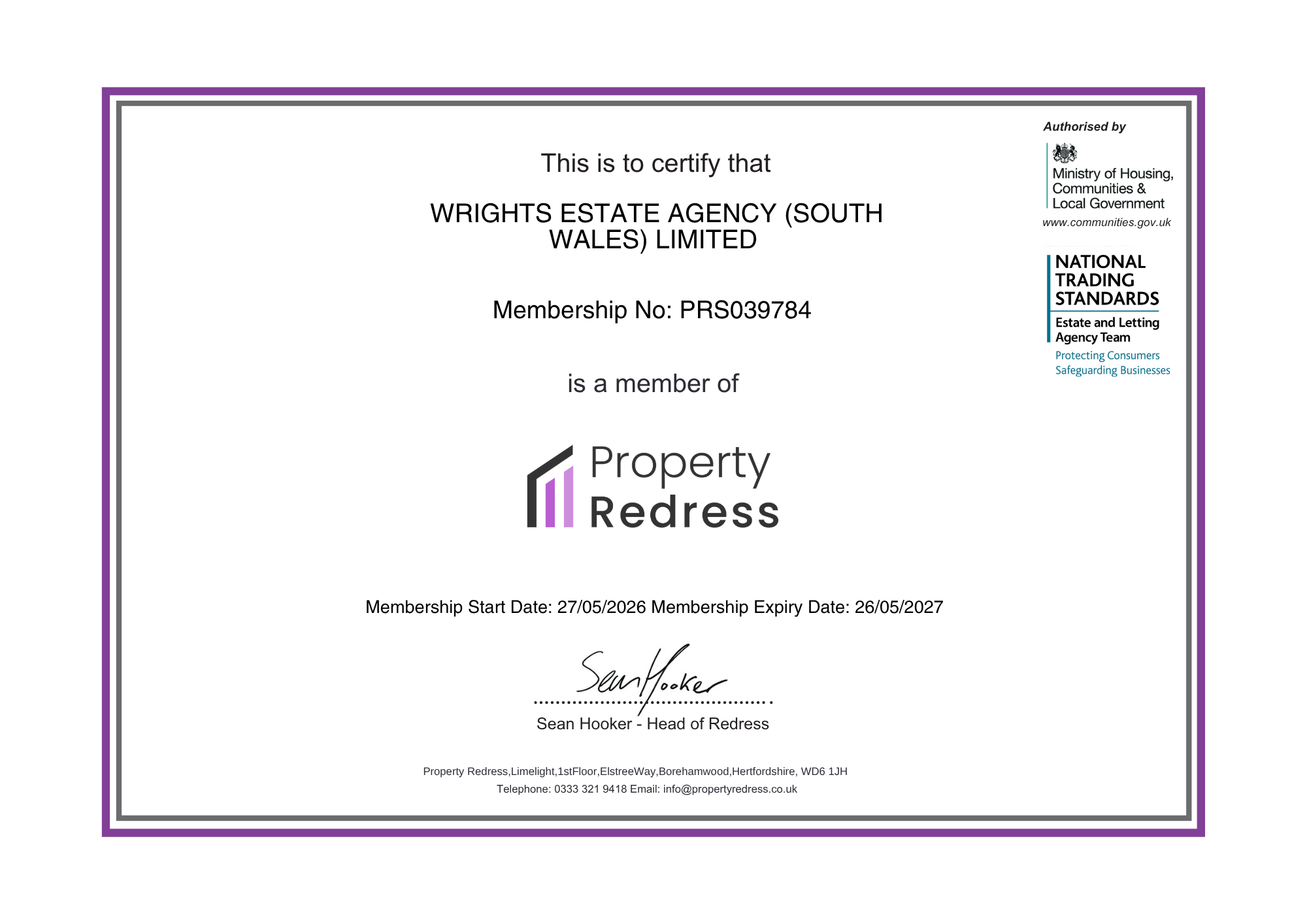 Property Redress Scheme Certificate