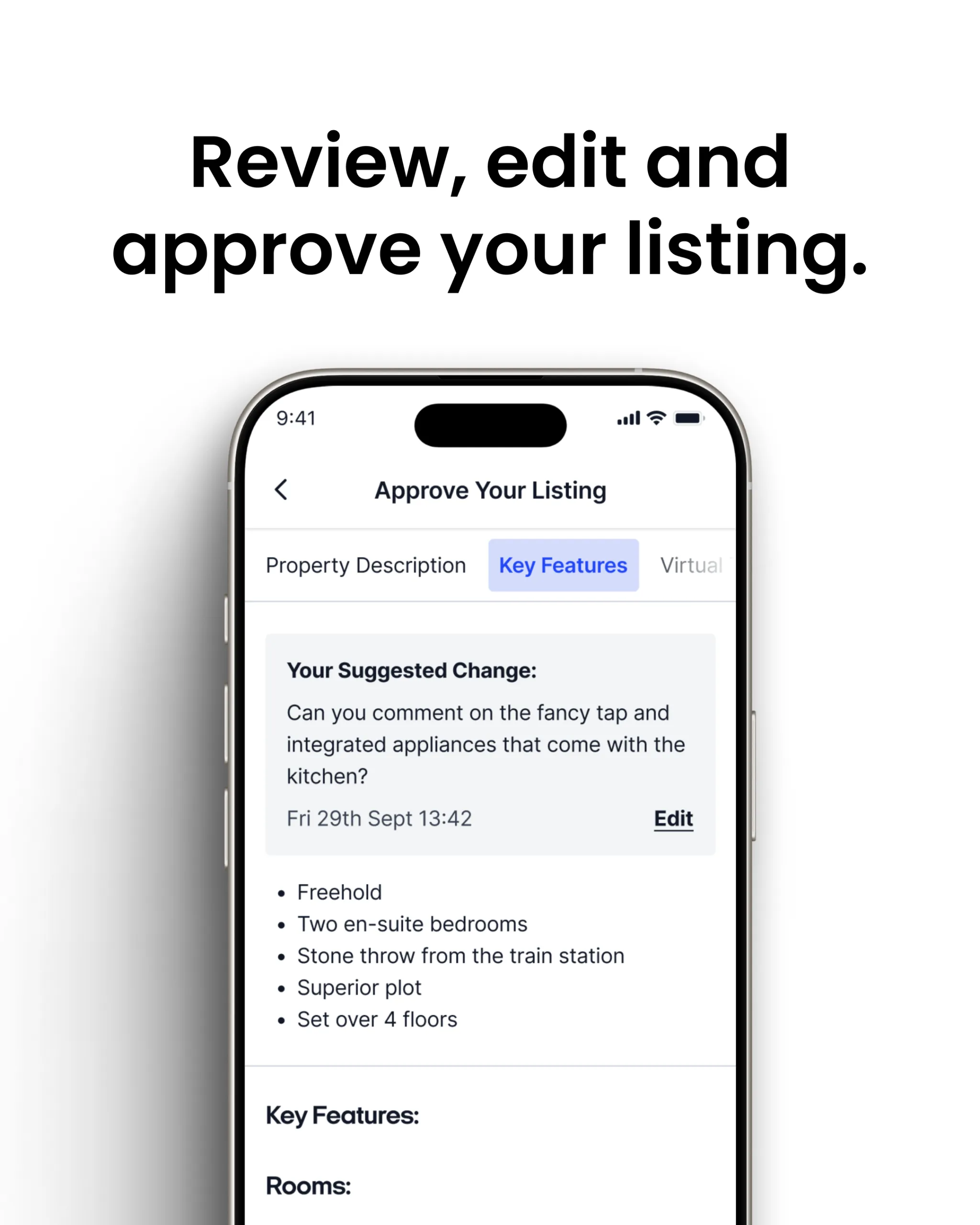 Smartphone screen showing "Approve Your Listing" interface with property details including suggested changes and key features