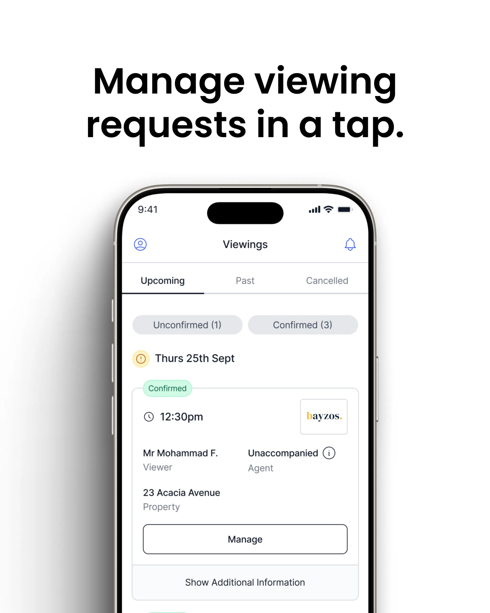 Smartphone screen showing a Viewings management interface with tabs for Upcoming, Past, and Cancelled. A confirmed viewing for Thursday 25th September at 12:30pm is displayed, showing viewer Mr Mohammad F., property address 23 Acacia Avenue, and a Manage button.