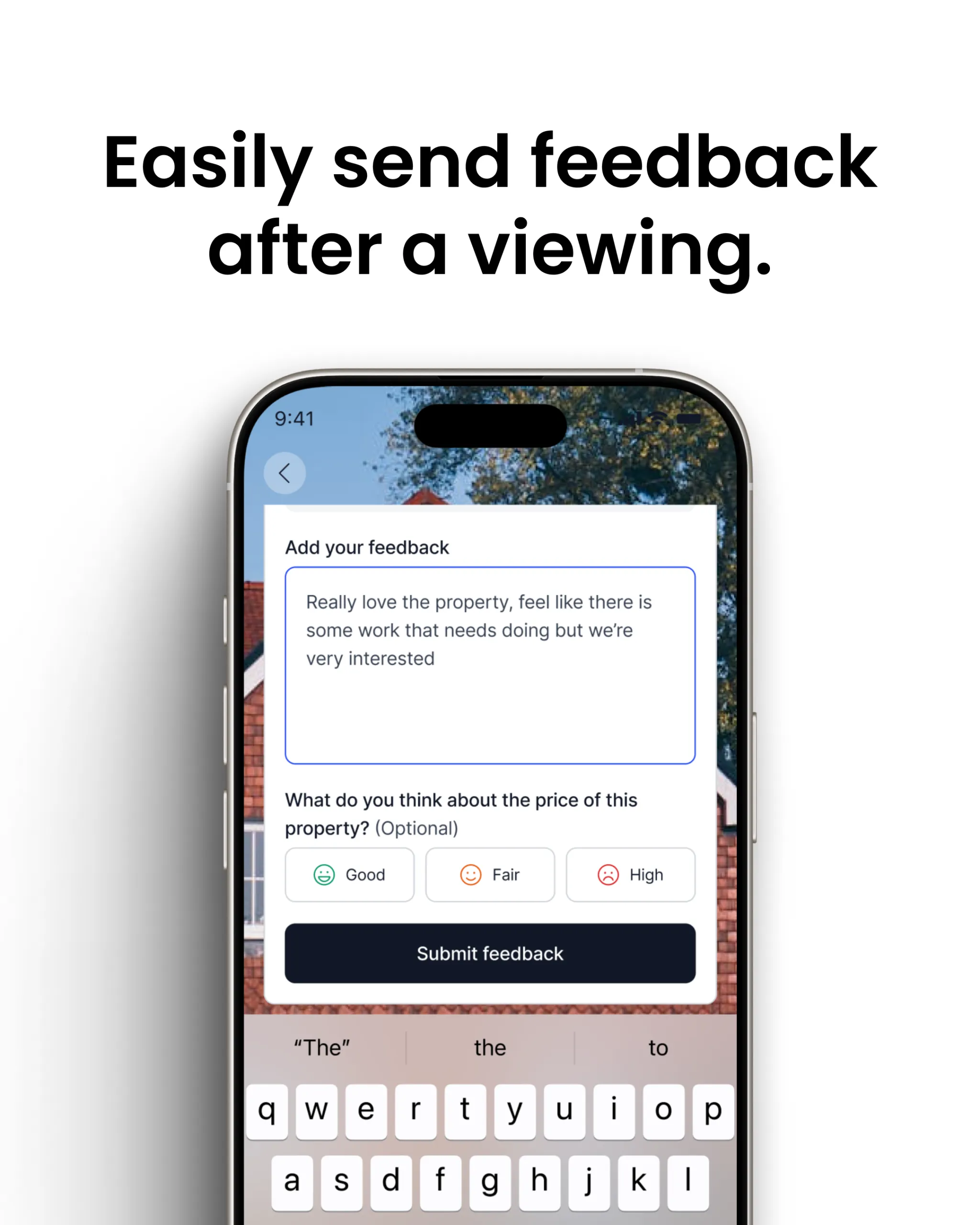 Smartphone displaying a feedback form with text field, price rating options (Good, Fair, High), and Submit button