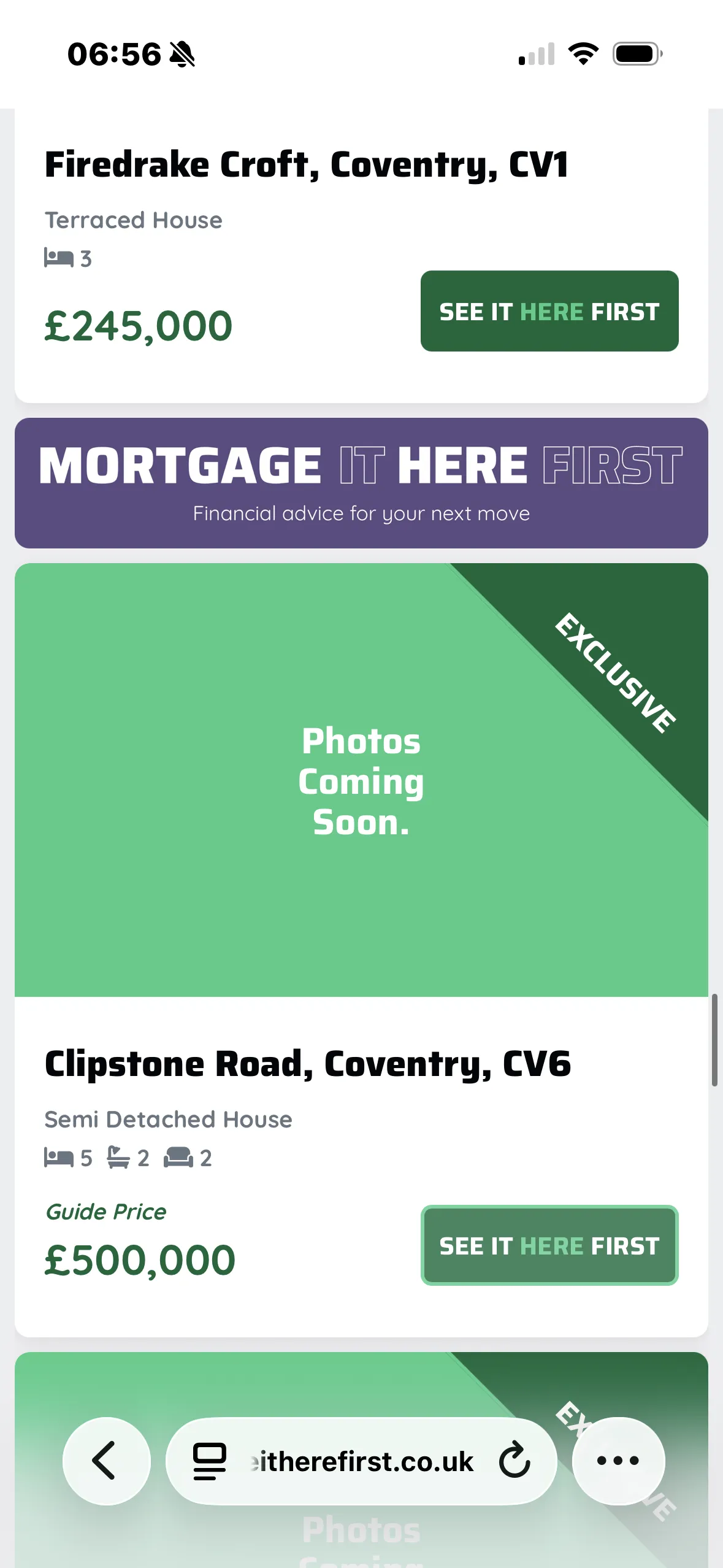 A screen shows a property listing with a message saying "Photos Coming Soon"