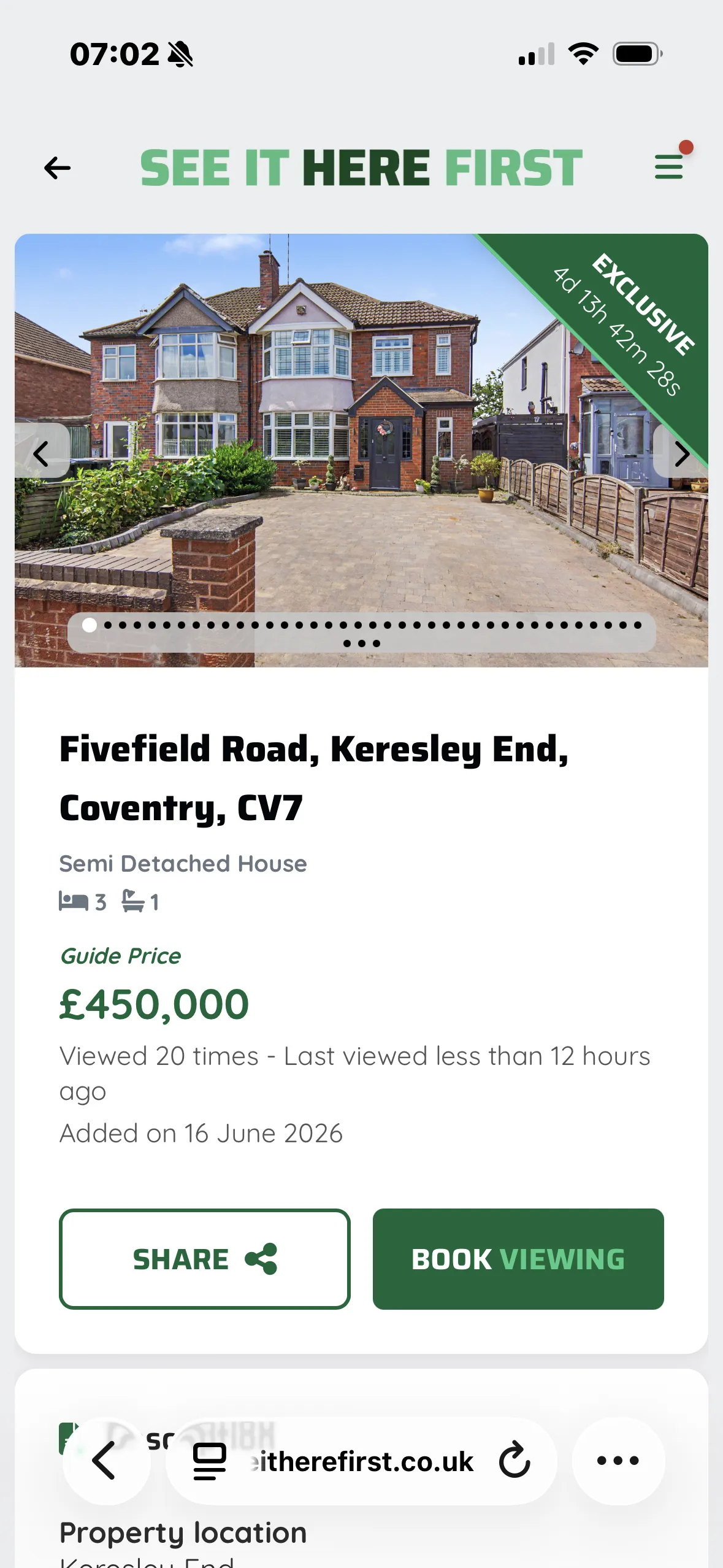 An example of stats on a property listing on See It Here First