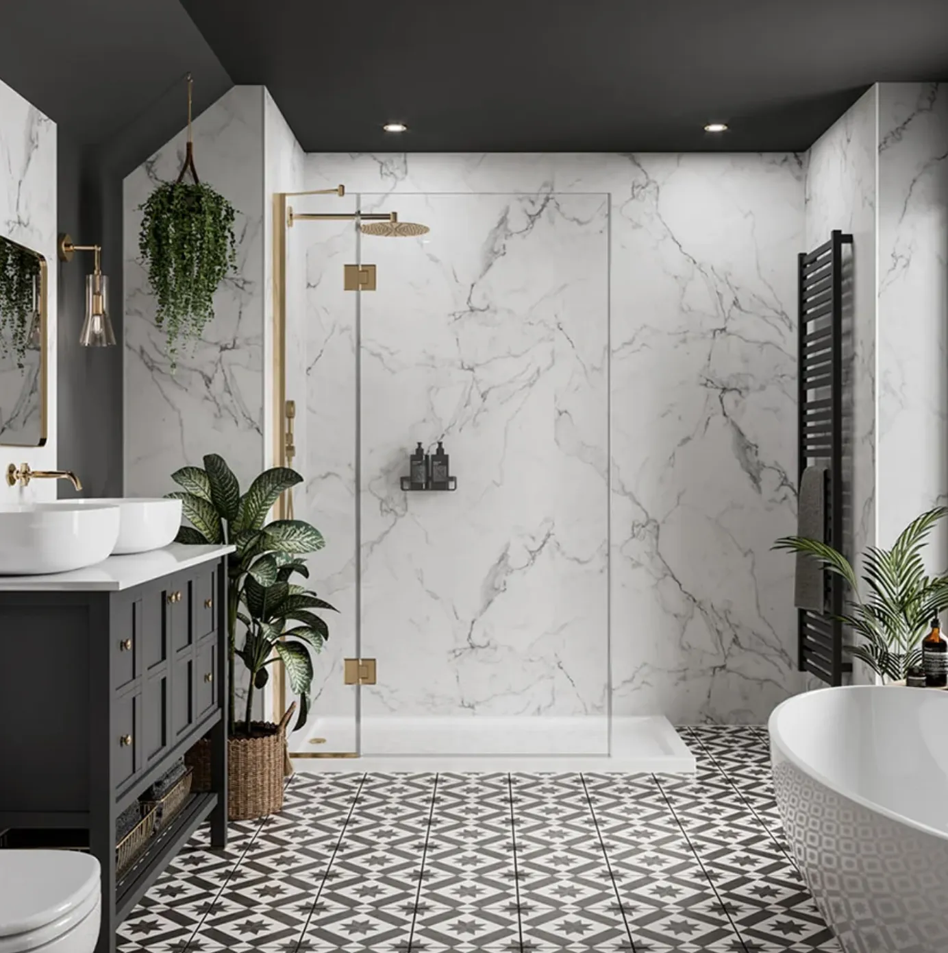 Bright white bathroom with natural light and modern fixtures