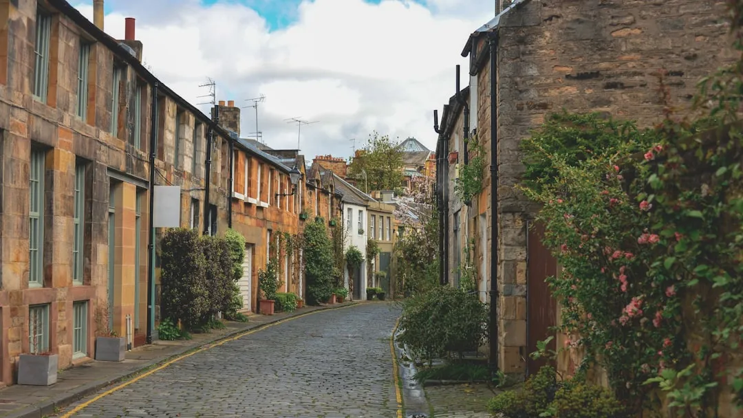 Cobblestone street with stone houses