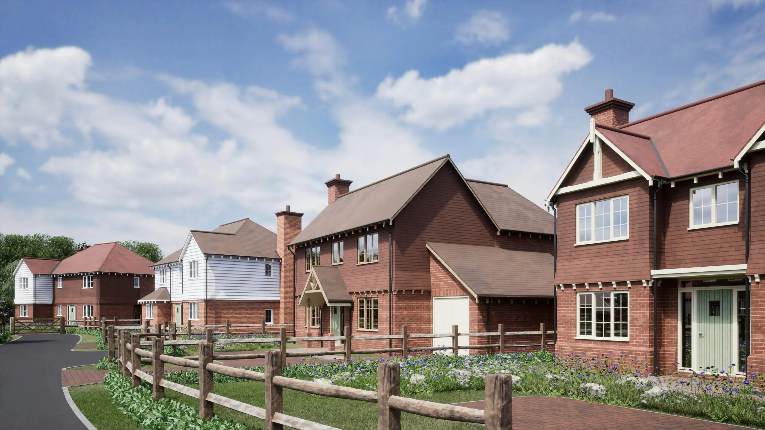 Row of newly built brick and timber-clad detached homes with wooden fencing