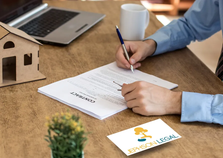 Someone sits at a desk signing a Jephson Legal contract
