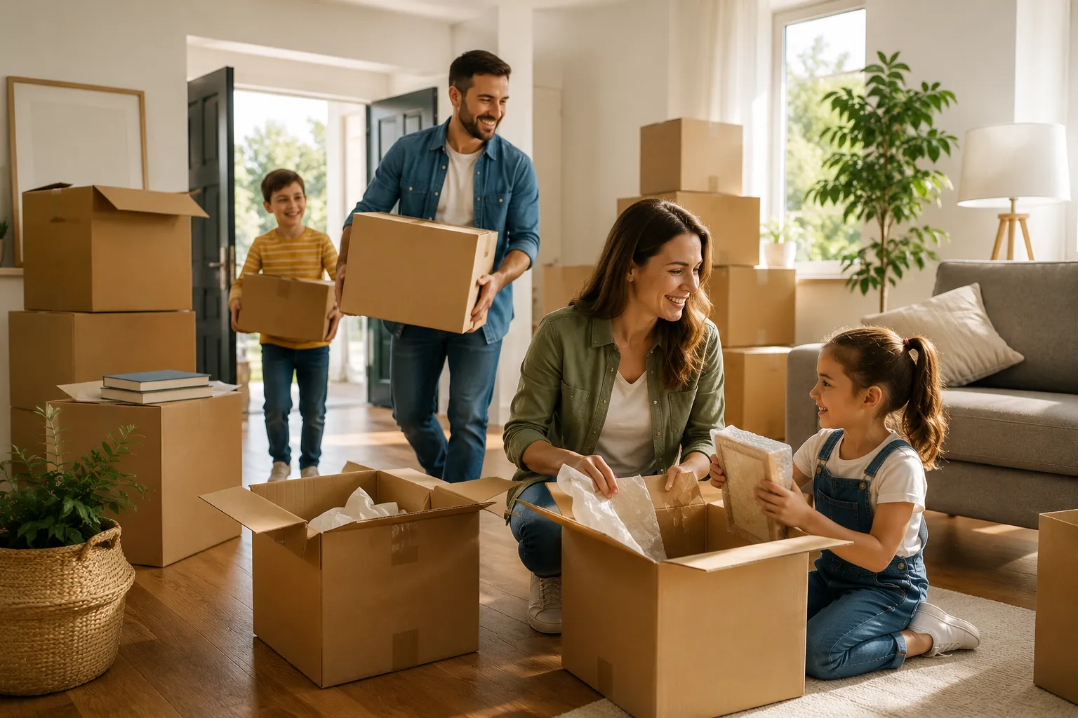 A family are unpacking boxes inside their new home.
