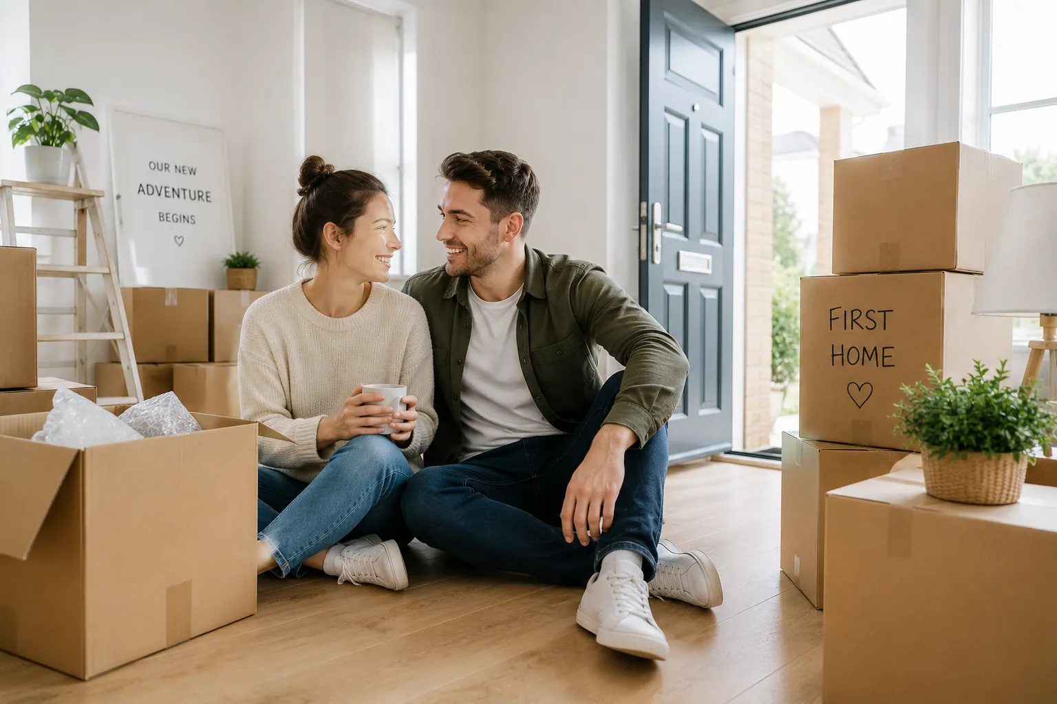 A couple sit in their new home surrounded by boxes