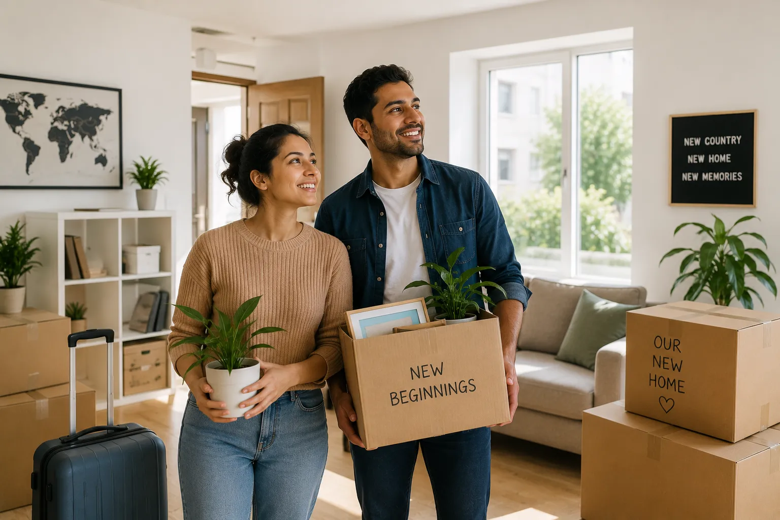 A couple stand in a living room, surrounded by boxes
