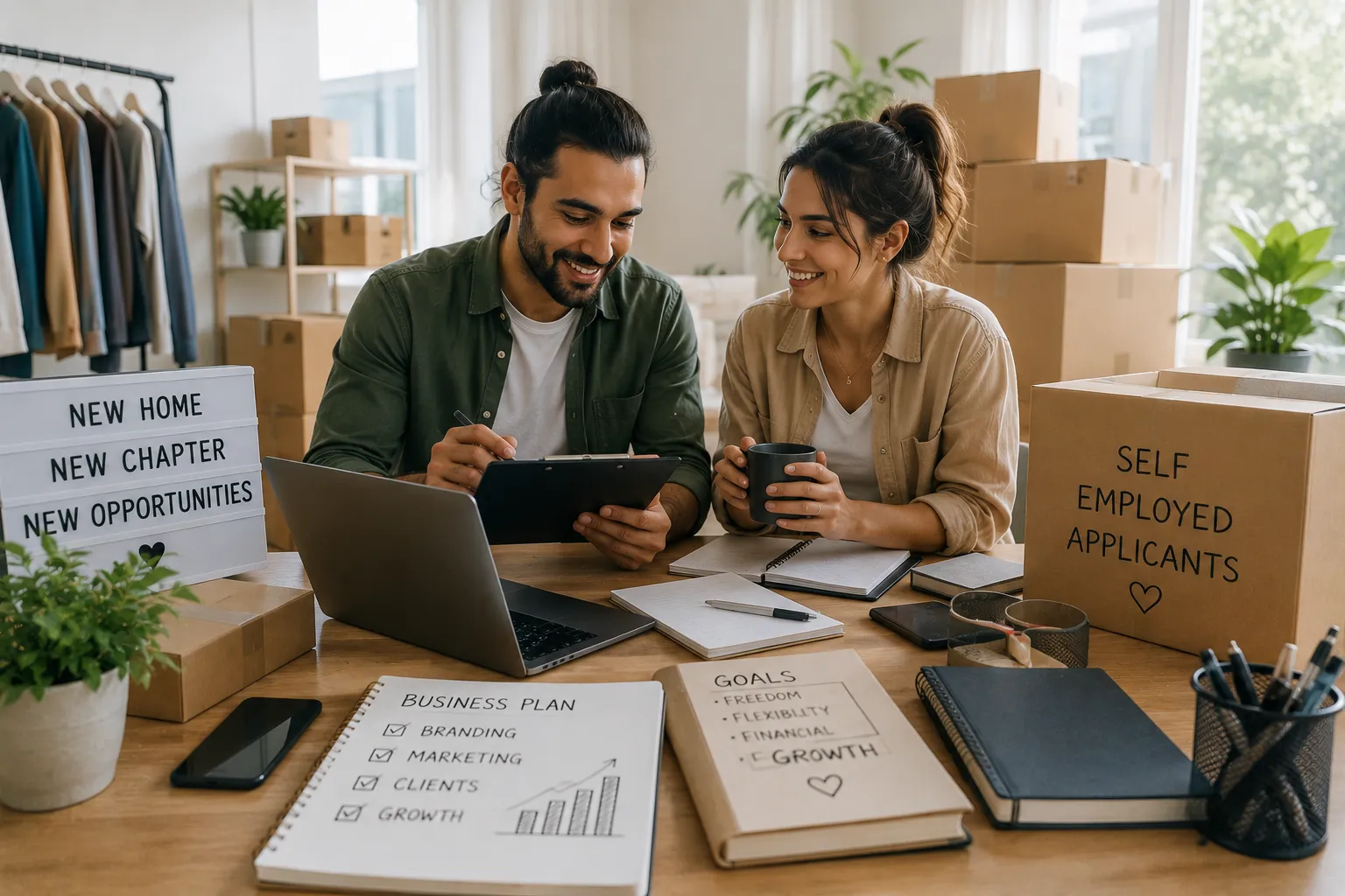 A couple are filling out paperwork, surrounded by boxes