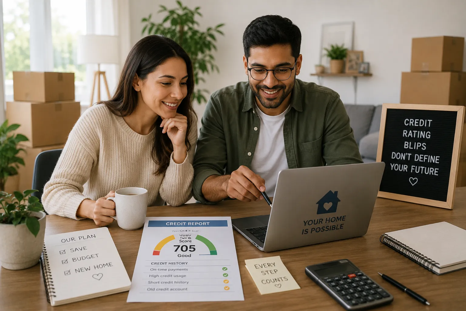 A couple sit at a desk with a credit report and a laptop. They are surrounded by moving boxes