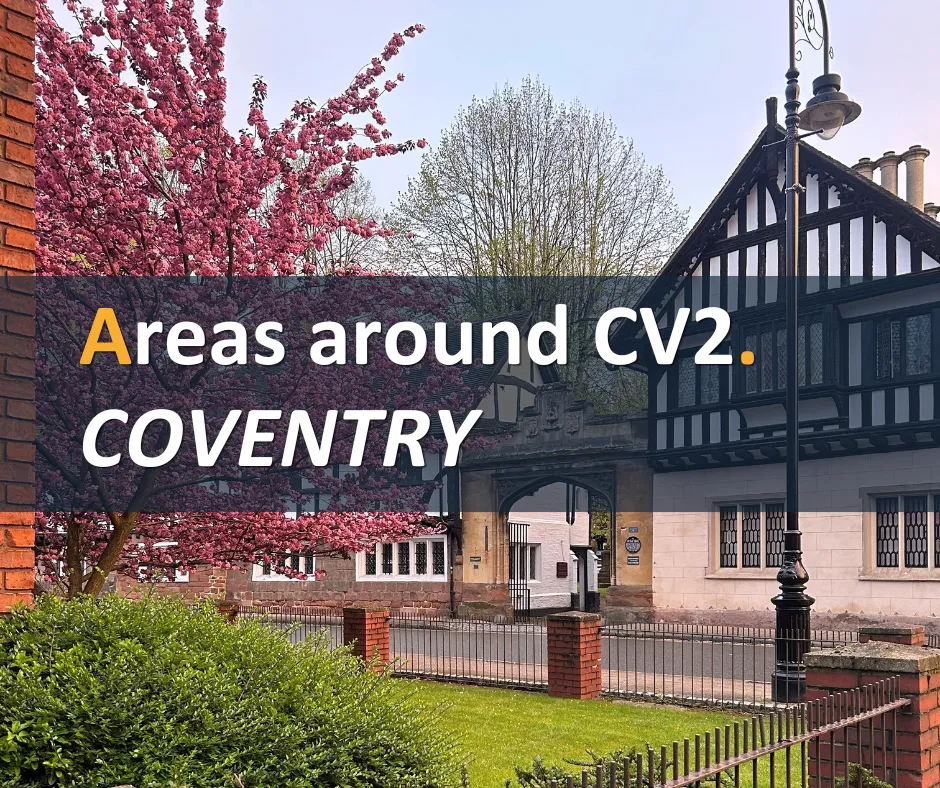 Historic black and white timber-framed building with pink flowering tree and text overlay "Areas around CV2. COVENTRY"