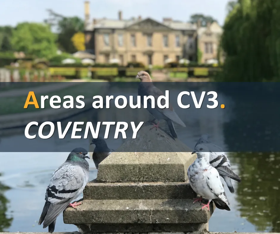 Three pigeons perched on a stone ledge by water, with a large stone mansion and manicured gardens in the background. Text overlay reads "Areas around CV3. COVENTRY"