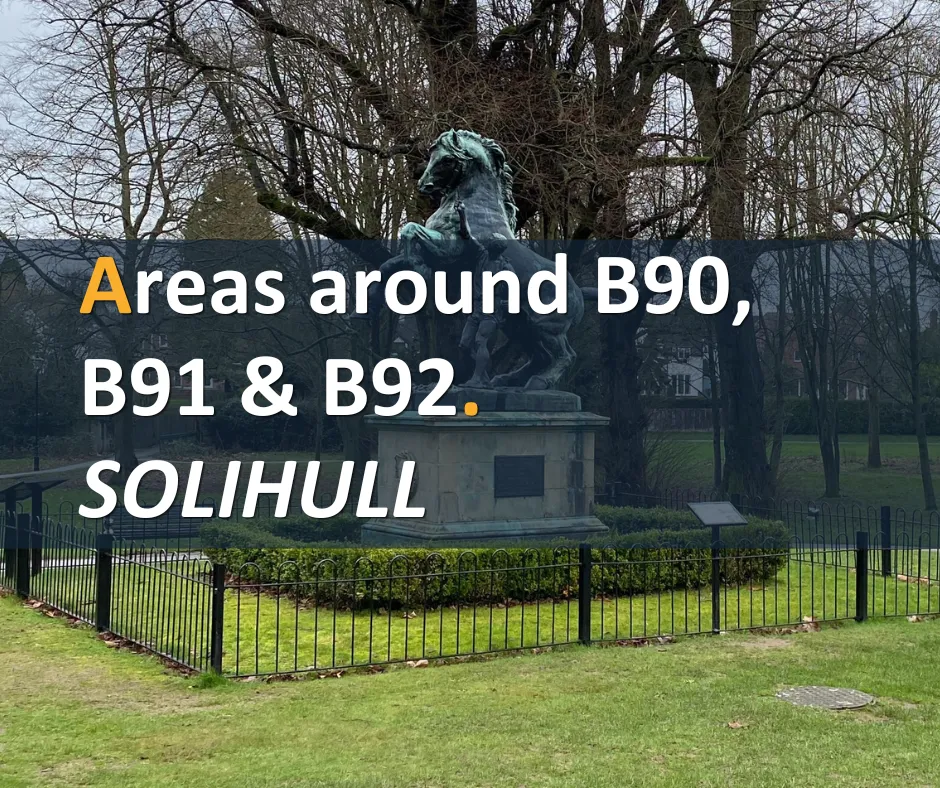 Statue in a fenced park with bare trees. Text overlay reads "Areas around B90, B91 & B92. SOLIHULL"