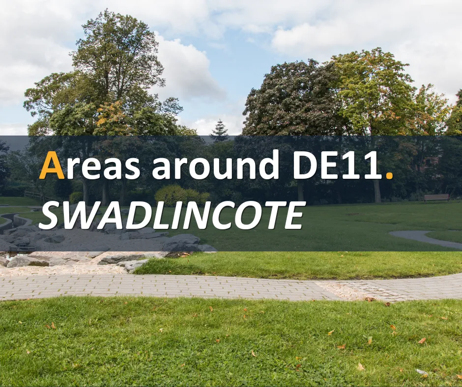 Park with mature trees, grass and paved path. Text overlay: "Areas around DE11. SWADLINCOTE"