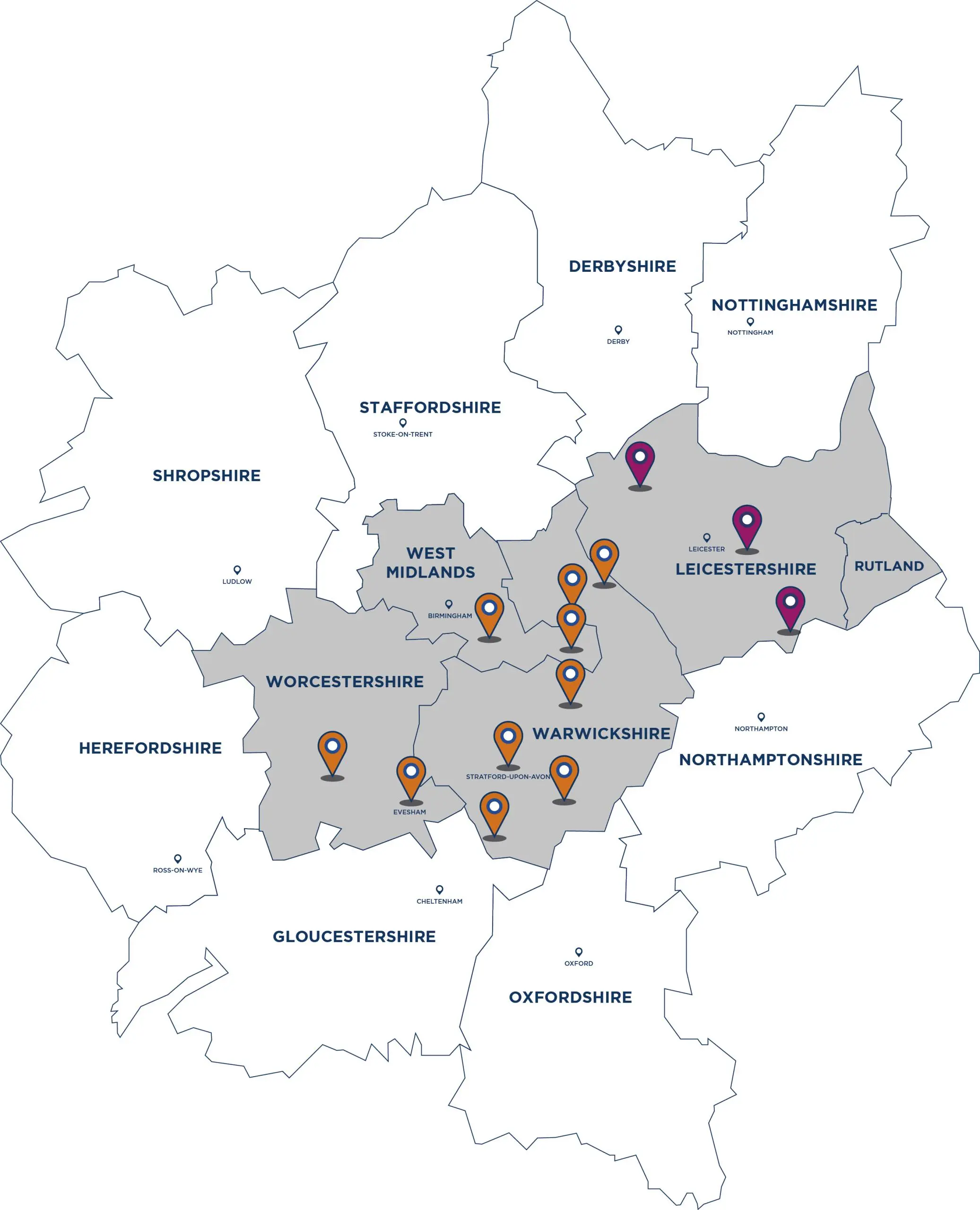 Map of UK Midlands and East Midlands showing office locations. Grey shaded regions indicate Warwickshire, Worcestershire, West Midlands, Leicestershire, and Rutland with orange location pins. Purple pins mark additional offices in Leicestershire and Rutland. County names and town labels visible including Birmingham, Coventry, and Nottingham.