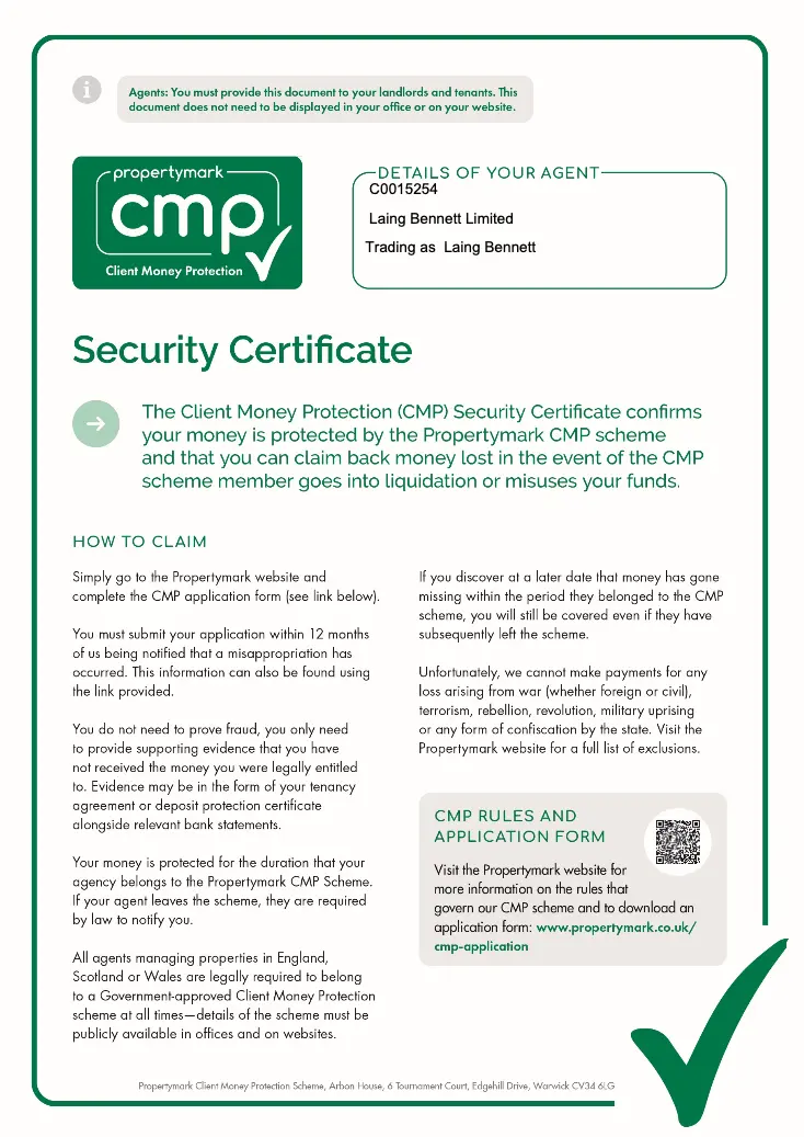 Propertymark CMP Client Money Protection Security Certificate for Laing Bennett Limited, explaining money protection coverage and claim procedures