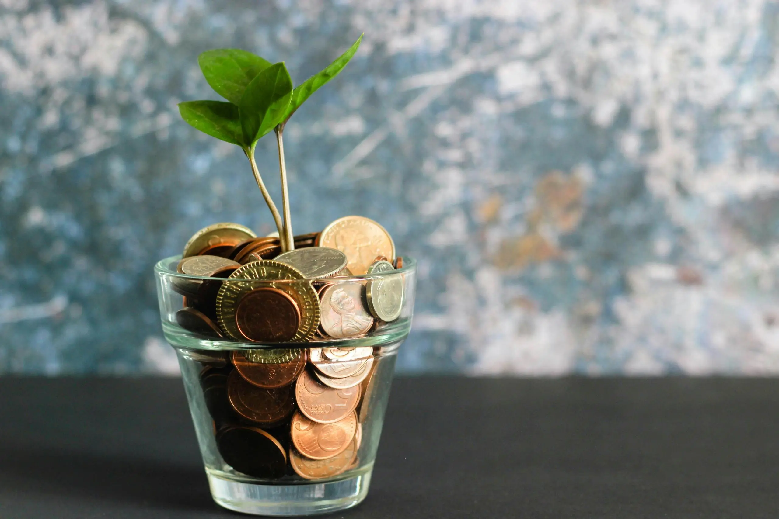Green seedling growing from glass filled with coins, aerial cityscape in background
