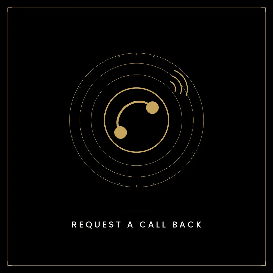 Concentric circles with gold dots and radiating lines, text reads "REQUEST A CALL BACK"