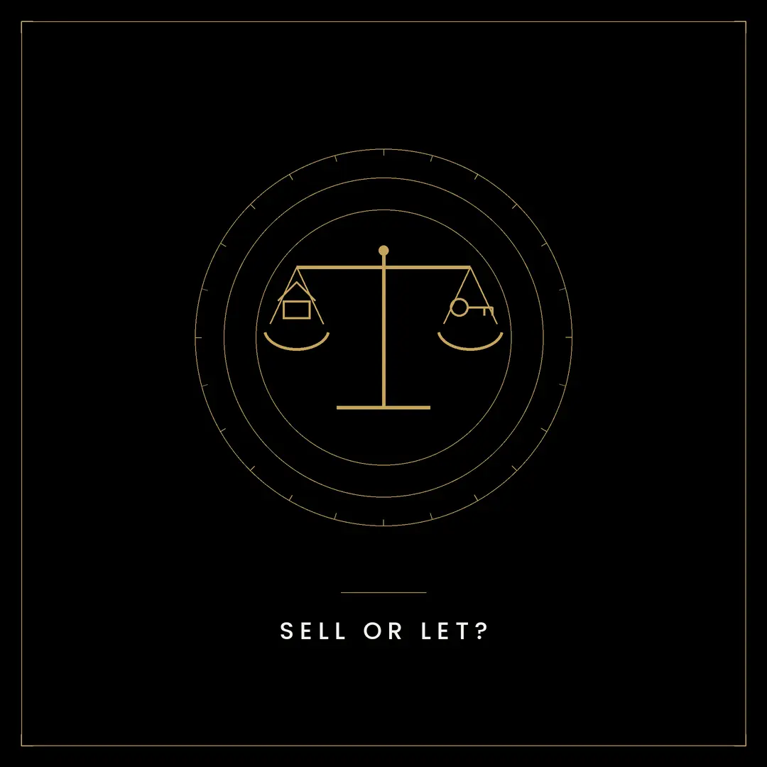Scales of justice icon with text "SELL OR LET?"