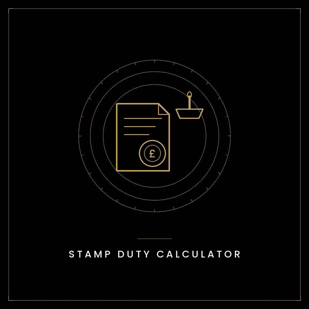 Icon showing a document with a pound symbol and a balance scale, surrounded by concentric circles, labelled "Stamp Duty Calculator"