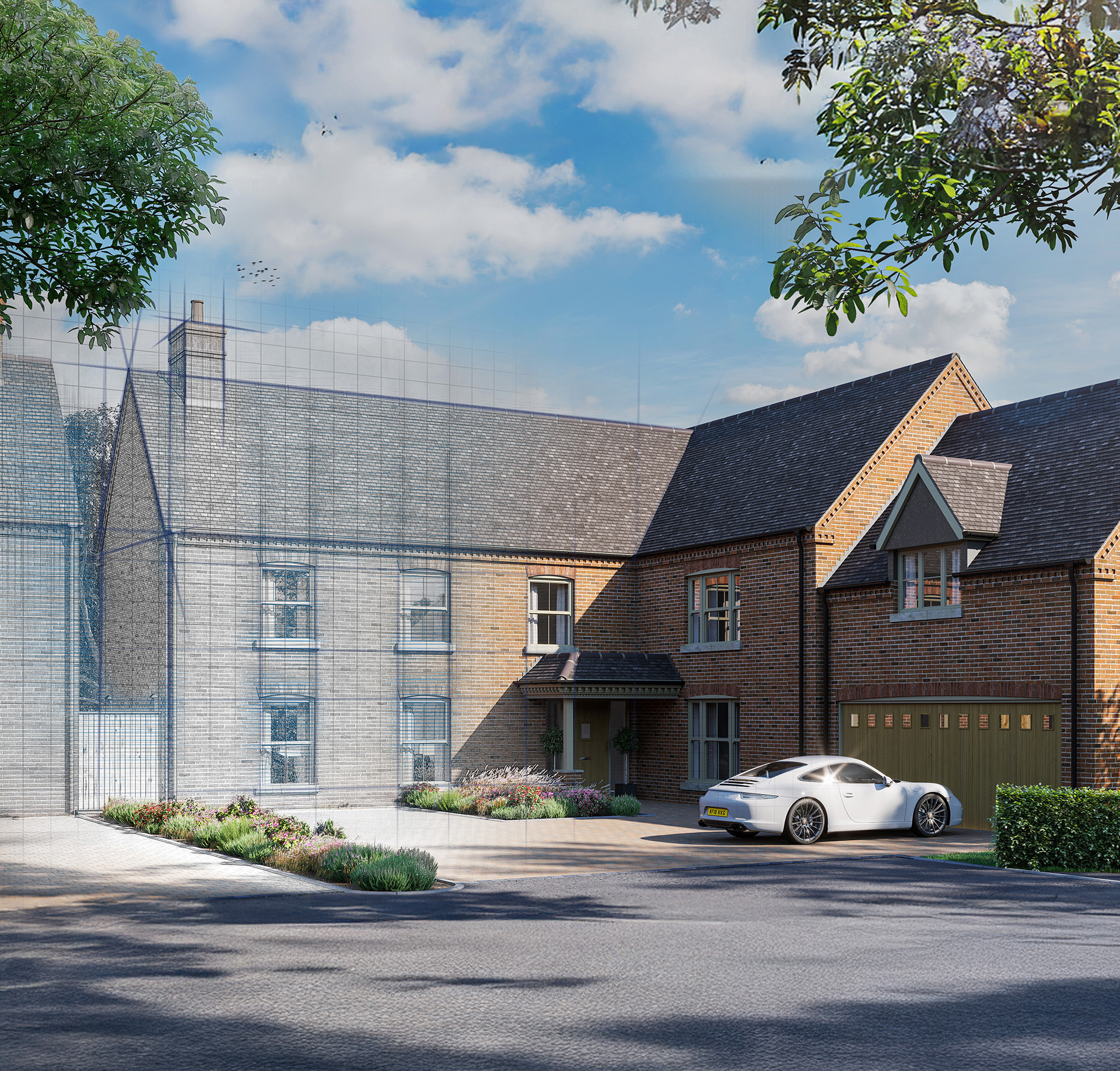 An architectural image of a new build home