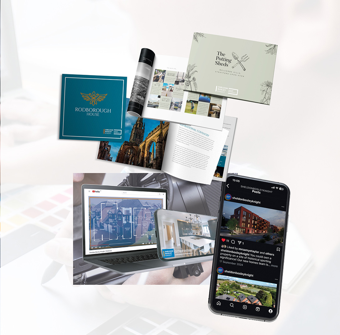 A collection of brochures, social posts and other branded marketing materials for new homes clients