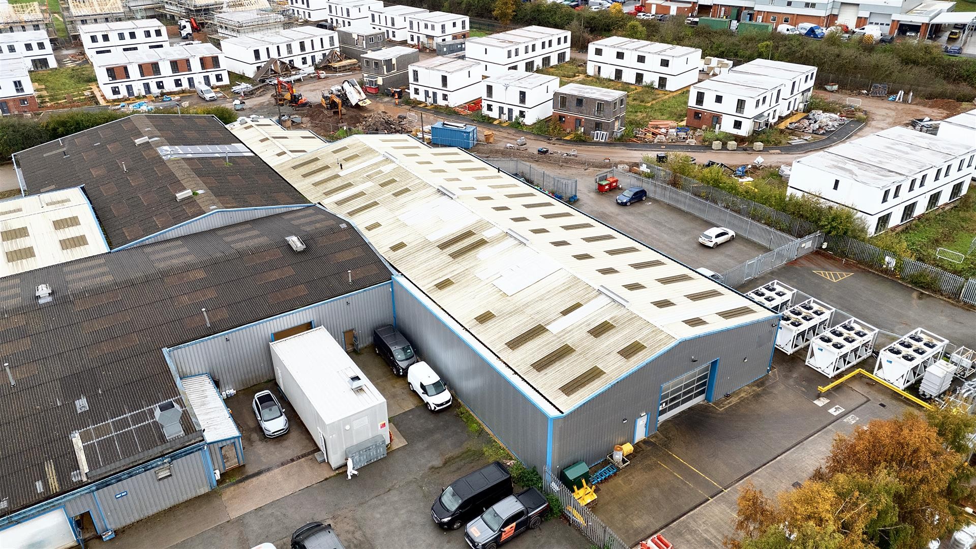 Exterior drone shot of a recycling yard in Warwickshire
