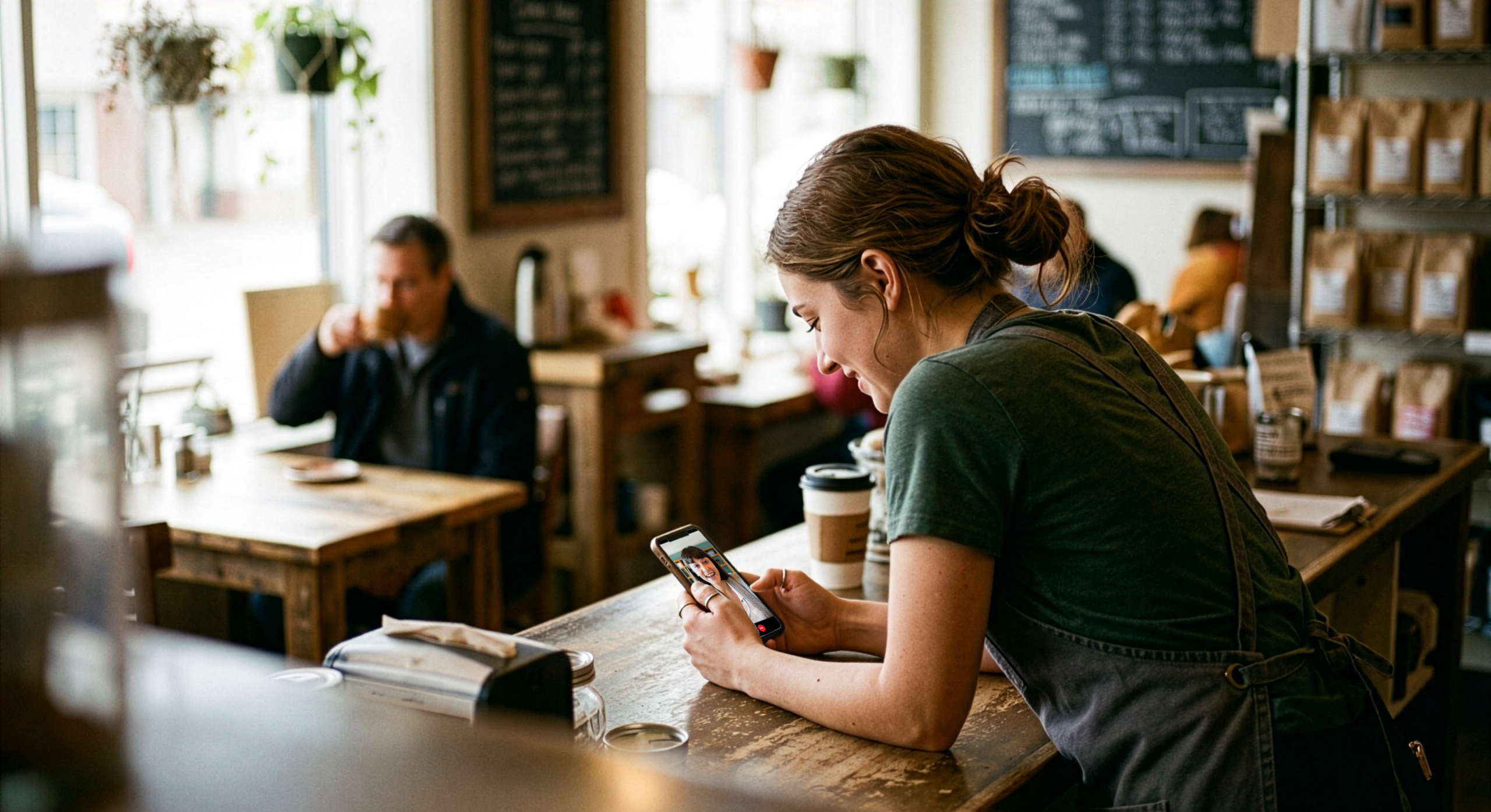 A woman sits on a video call in a cafe