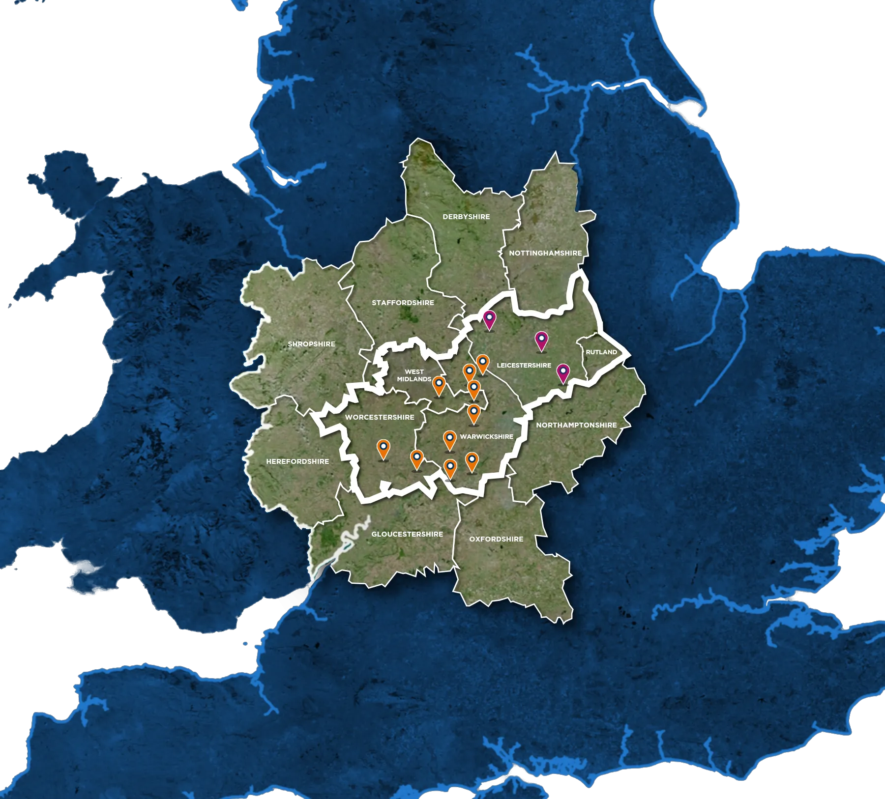 A map of all the Sheldon Bosley Knight offices across the Midlands, Worcesteshire, Warwickshire, Rutland and Leicestershire