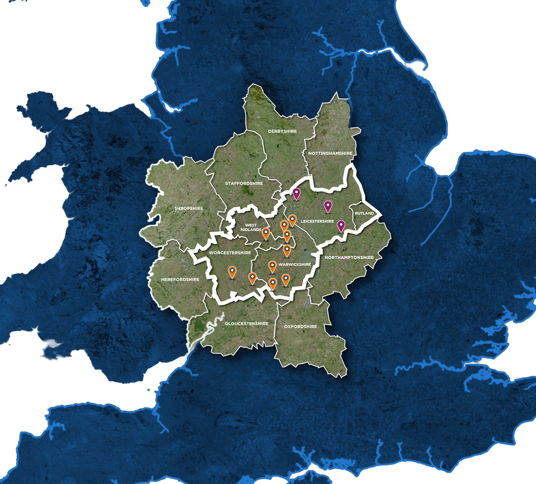 A map showing the branches of Sheldon Bosley Knight and Andrew Granger Estate Agents
