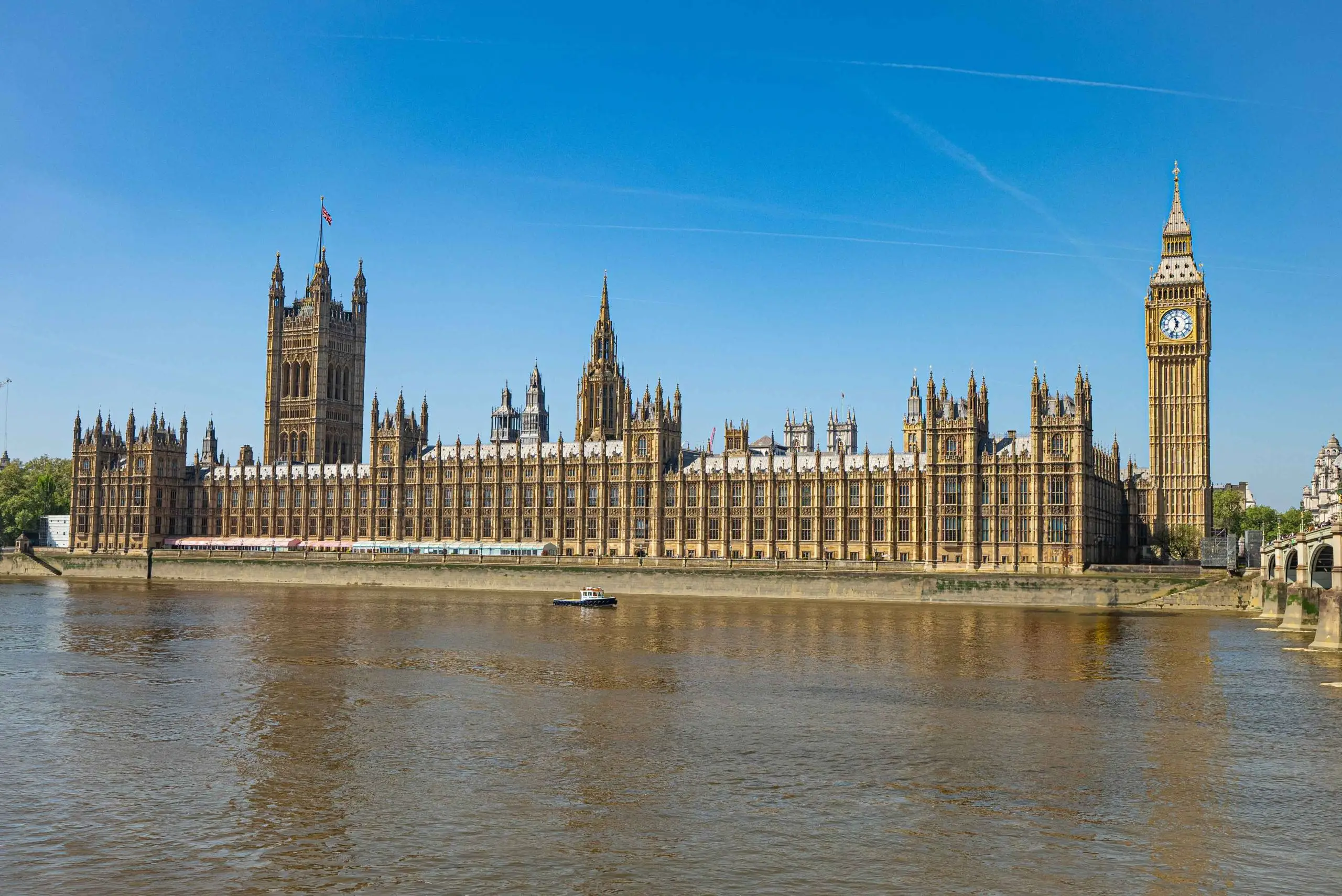 Palace of Westminster and Big Ben viewed across the River Thames, London