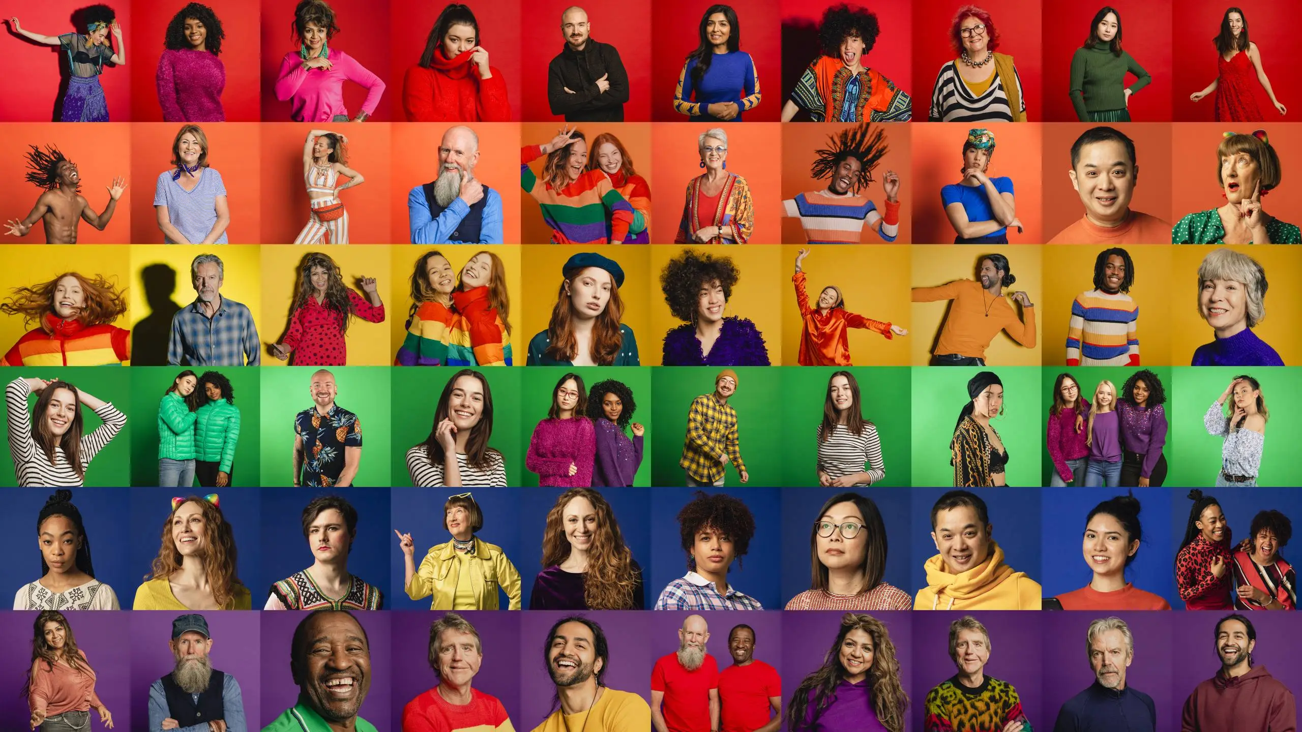 Grid of 50 diverse people of various ages and ethnicities against colored backgrounds arranged in rows: red, orange, yellow, green, blue, and purple