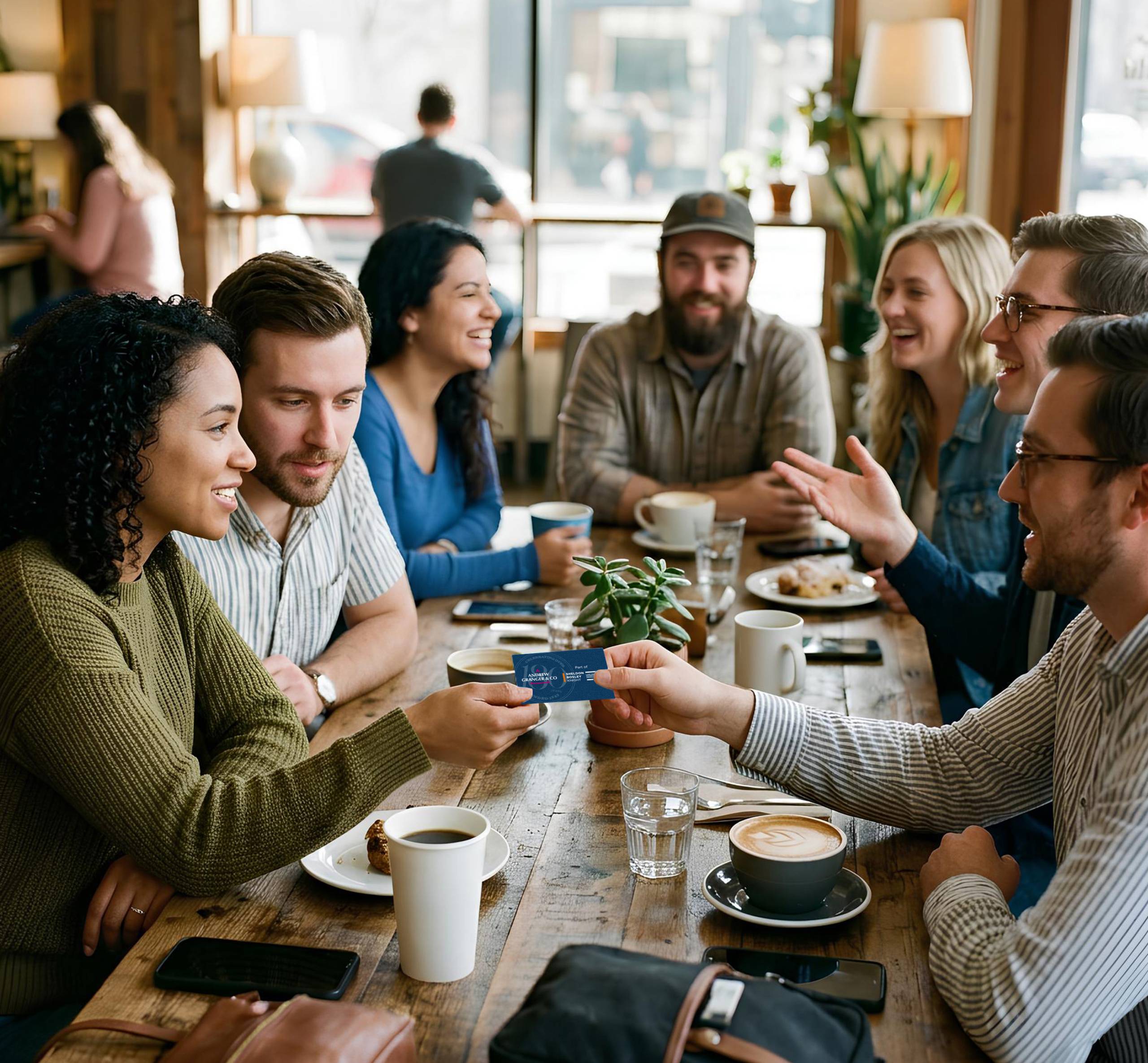 A group of friends sit around a table at a pub. One is handing a Andrew Granger business card to another