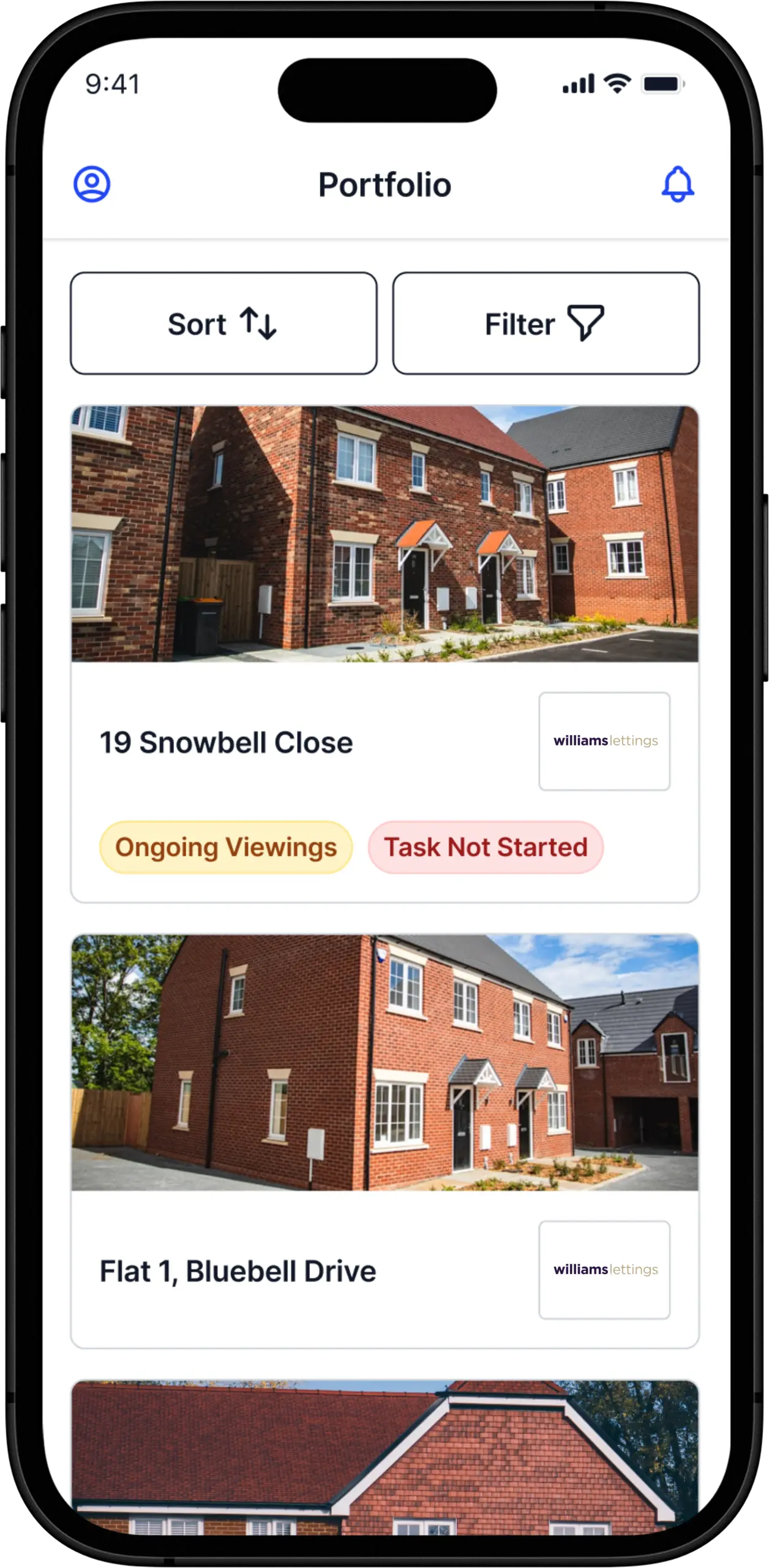 Smartphone screen showing a property portfolio app with listings for 19 Snowbell Close and Flat 1, Bluebell Drive, each with exterior photos and status badges